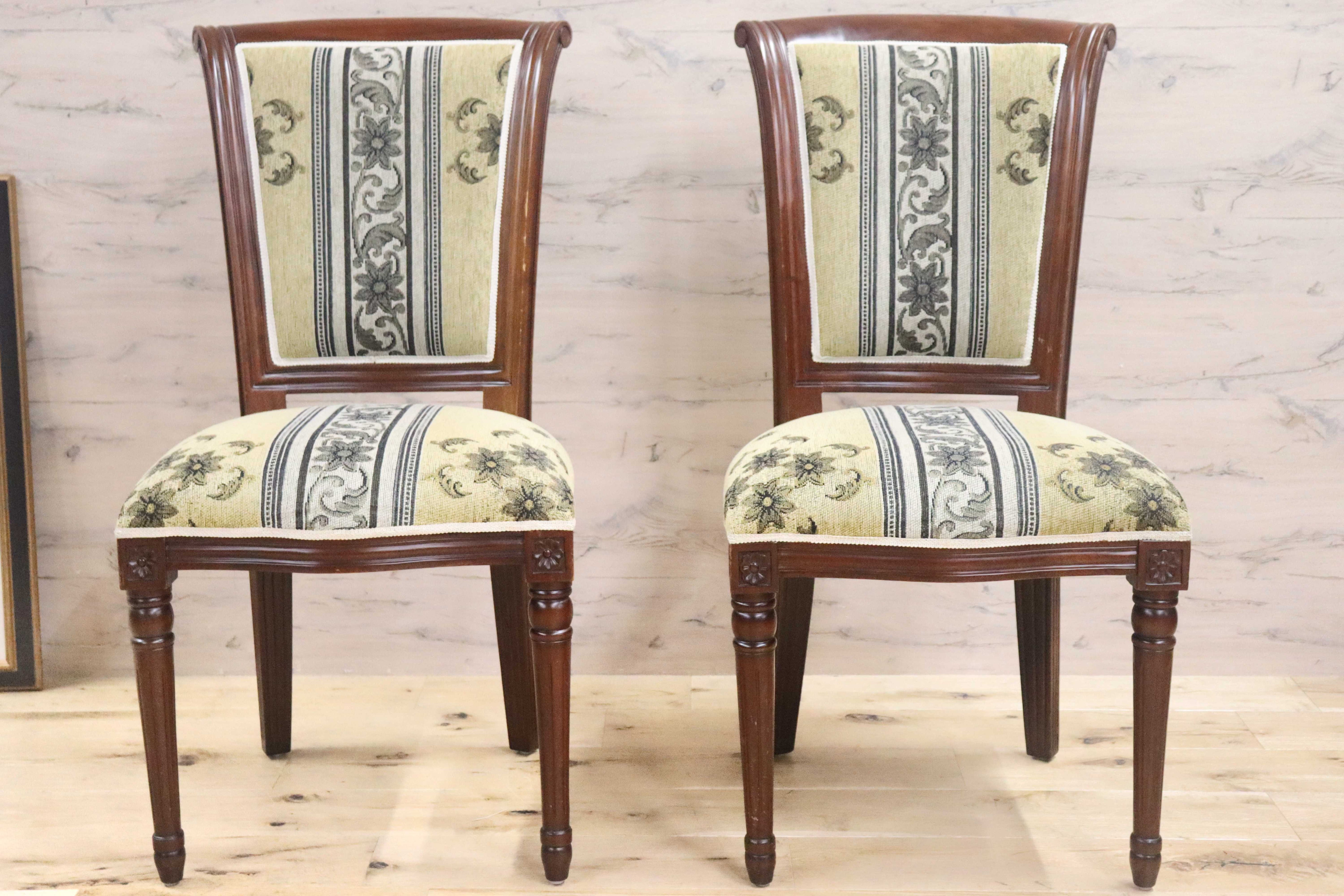 GMGN488E○イタリア製 ダイニングチェア アームレスチェア 椅子 マホガニー材 ファブリック 花柄 クラシック 西洋 ヨーロピアン 2脚セット