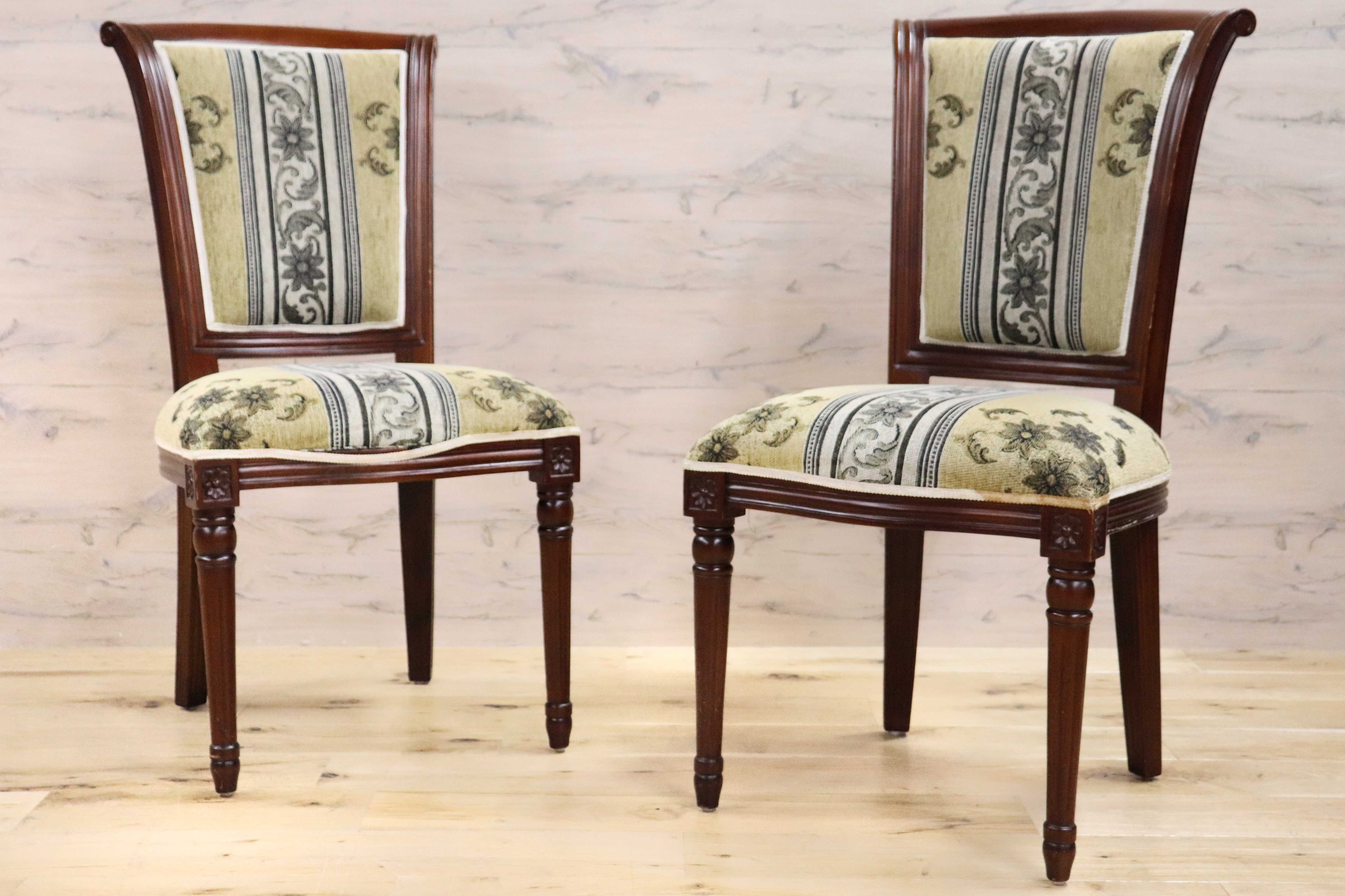 GMGN488R○イタリア製 ダイニングチェア アームレスチェア 椅子 マホガニー材 ファブリック 花柄 クラシック 西洋 ヨーロピアン 2脚セット