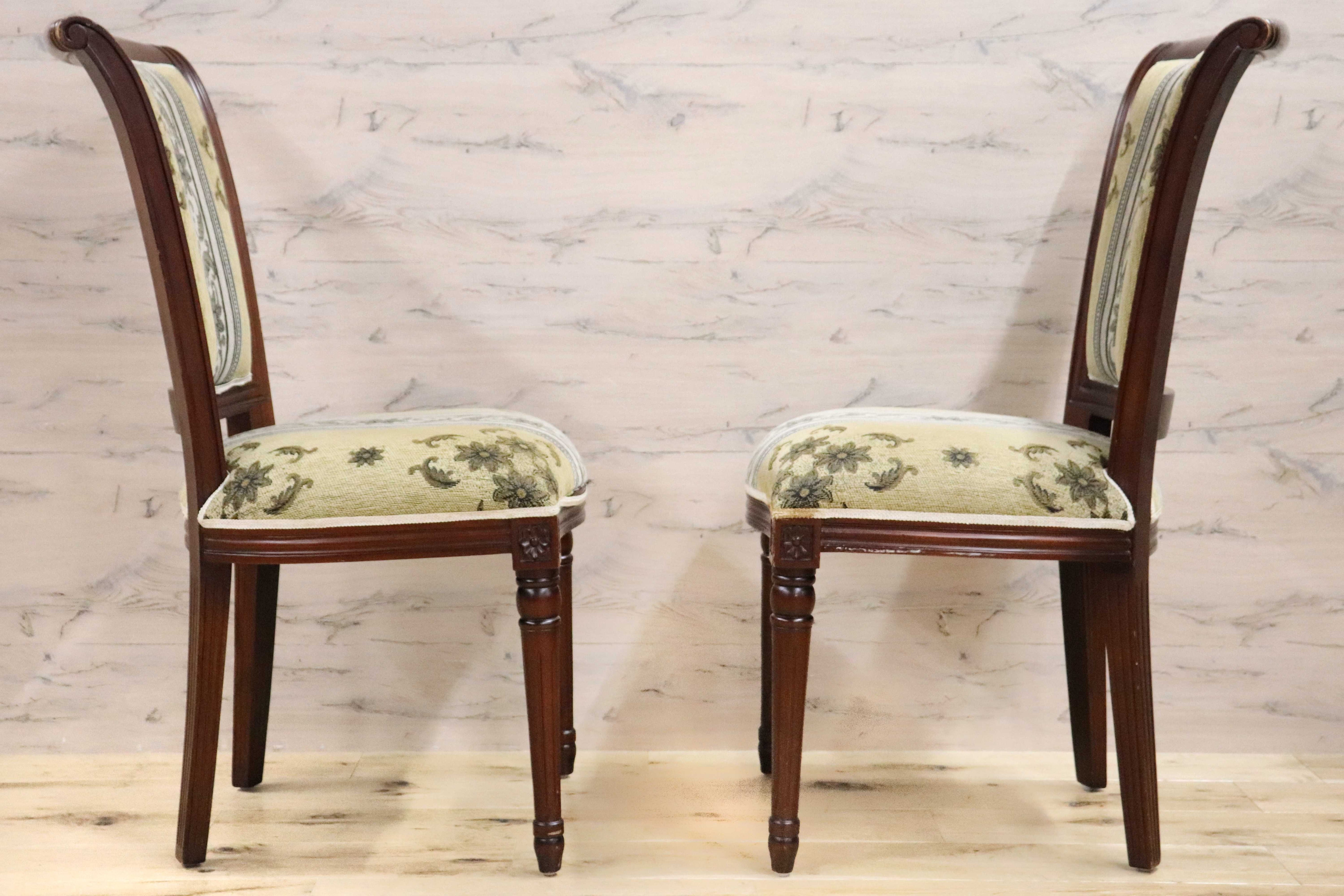 GMGN488R○イタリア製 ダイニングチェア アームレスチェア 椅子 マホガニー材 ファブリック 花柄 クラシック 西洋 ヨーロピアン 2脚セット