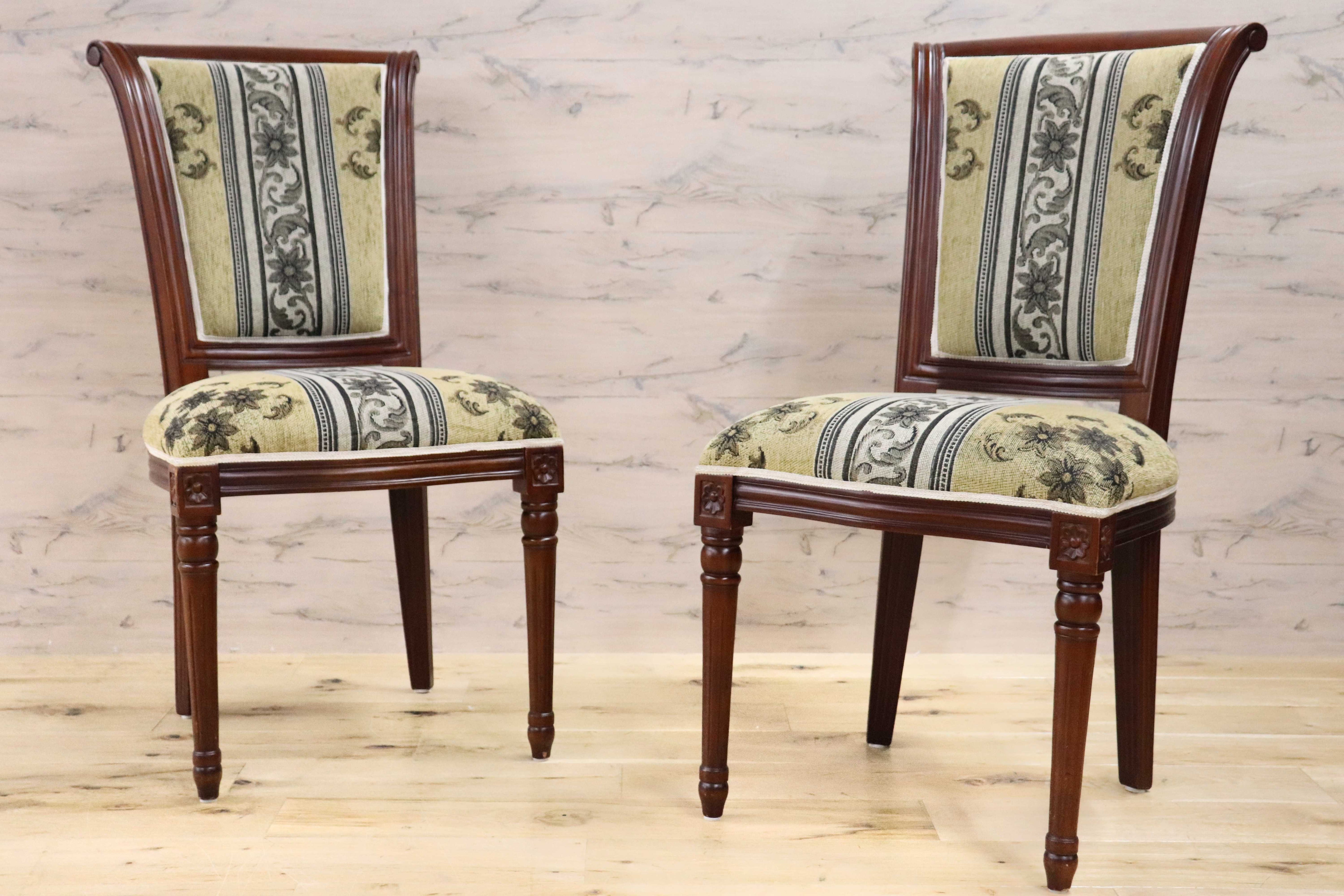 GMGN488V○イタリア製 ダイニングチェア アームレスチェア 椅子 マホガニー材 ファブリック 花柄 クラシック 西洋 ヨーロピアン 2脚セット