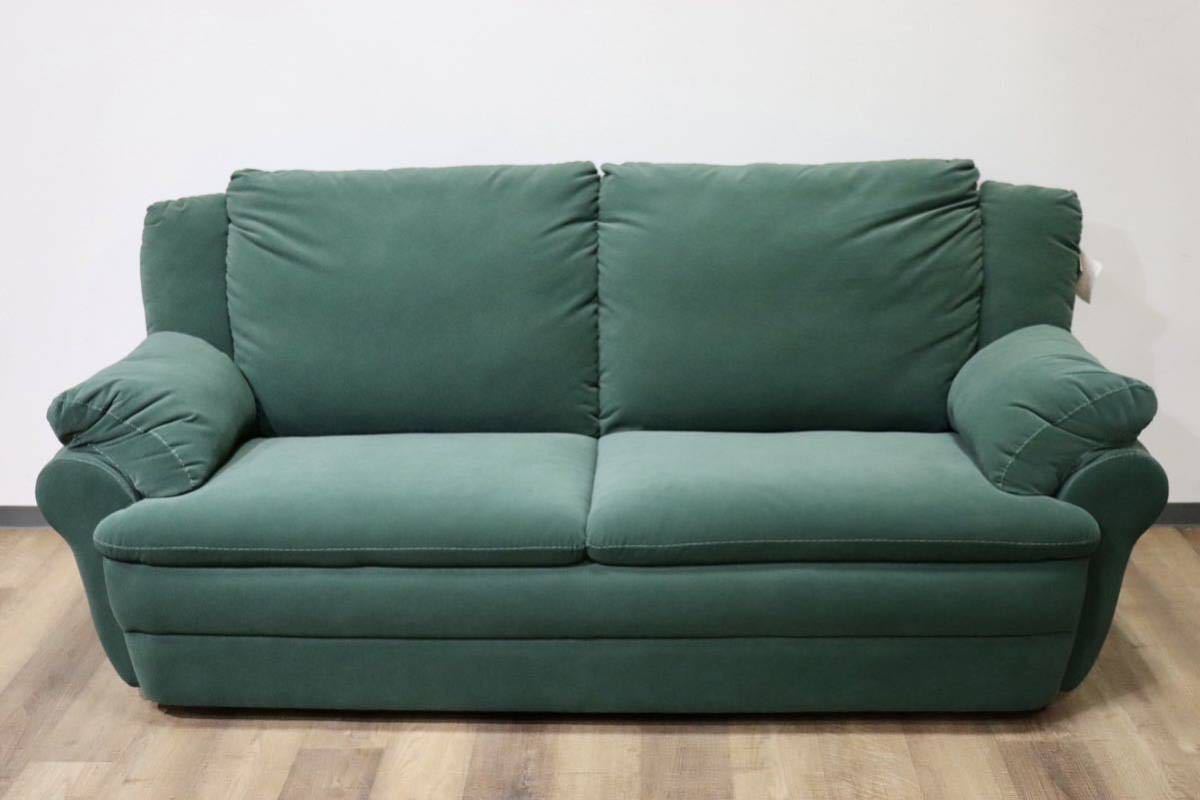 GMGN299○スペイン製 2.5人掛けソファ ラブソファ 長椅子 ファブリック マイクロファイバー地 グリーン 高級家具 モダン 展示品
