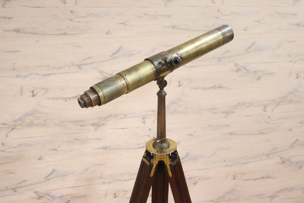 GMFH385○イギリス製 西洋 雑貨 インテリア 真鍮望遠鏡 三脚 航海 アンティーク ヴィンテージ 木製 20世紀初頭 希少