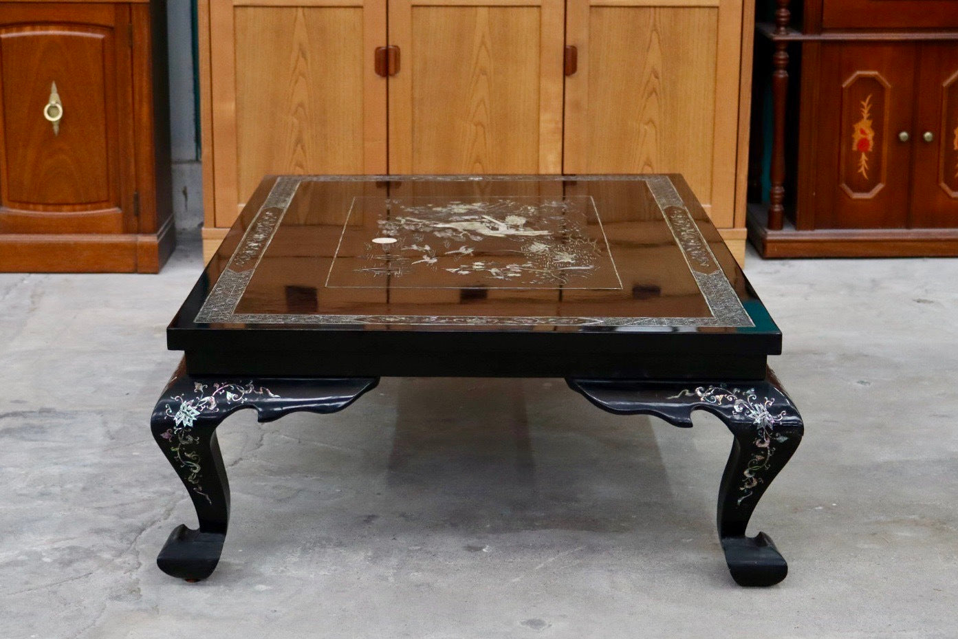 GMIS40○センターテーブル リビングテーブル 座卓 花鳥図 鶴亀 ローテーブル 螺鈿細工 アジア 李朝家具 ビンテージ アンティーク