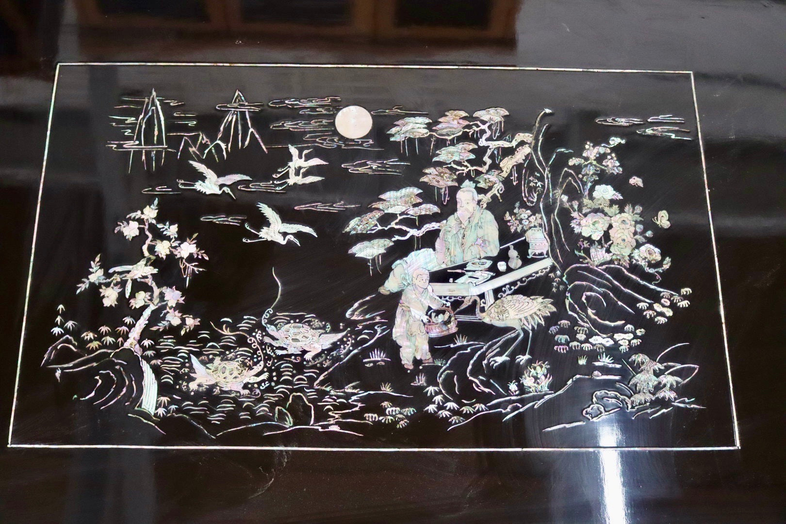 GMIS40○センターテーブル リビングテーブル 座卓 花鳥図 鶴亀 ローテーブル 螺鈿細工 アジア 李朝家具 ビンテージ アンティーク