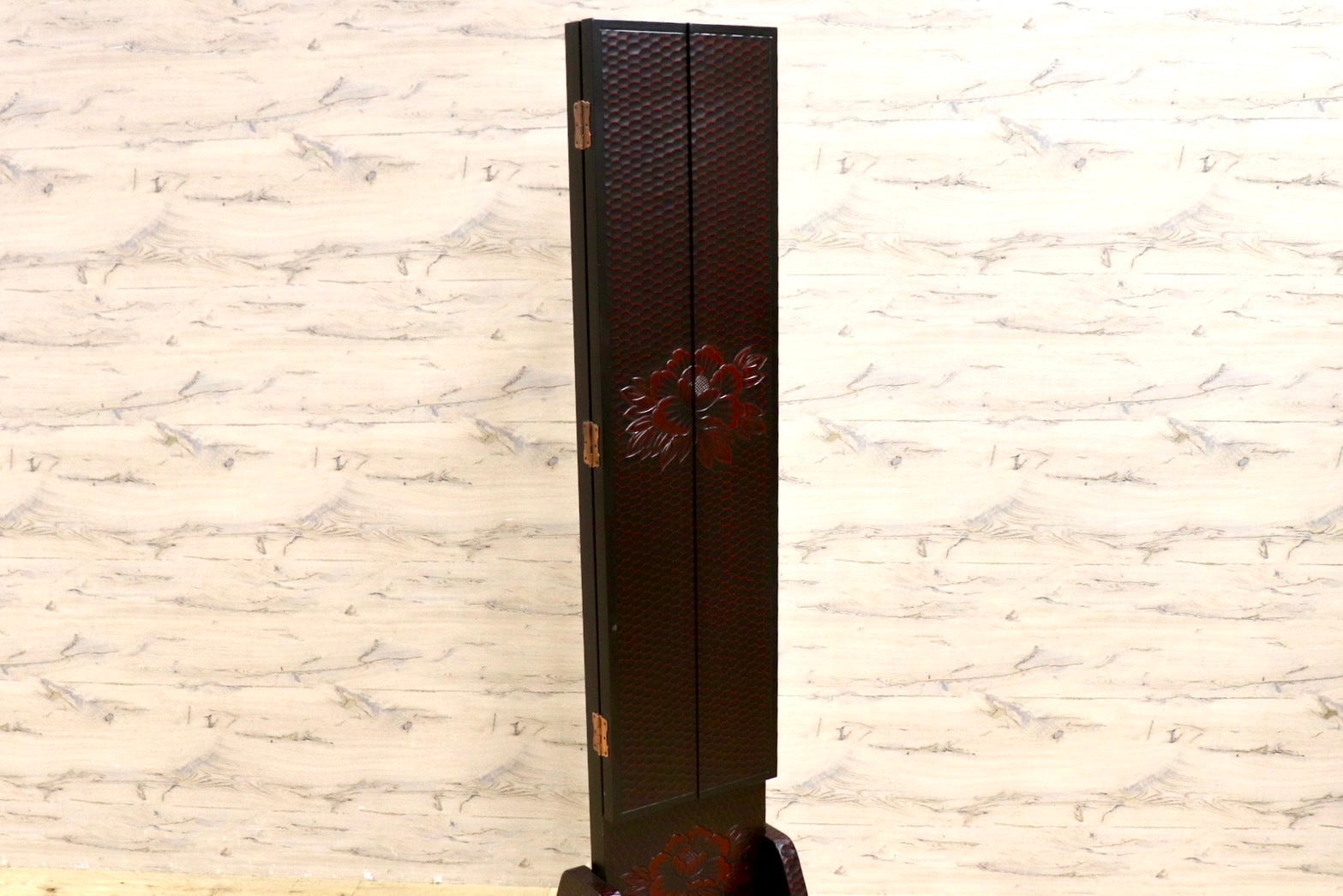 GMIH60○鎌倉彫 三面鏡 姿見 全身鏡 木製 彫刻 漆塗り 着付け鏡 和家