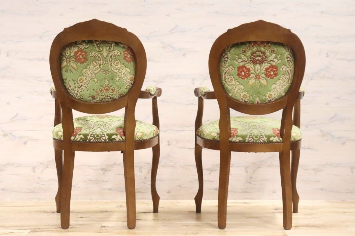 GMGH229○イタリア製 金華山織 ダイニングチェア アームチェア 椅子 クラシック エレガント 彫刻 猫脚 ファブリック グリーン 2脚セッ