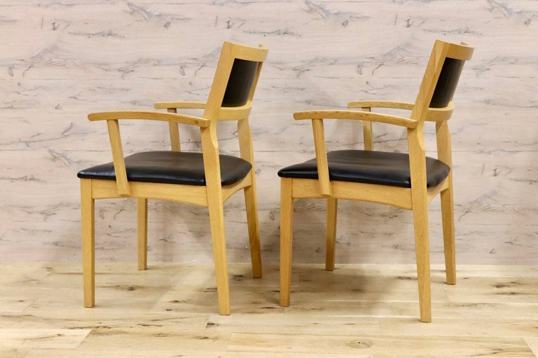 GMGH431○清見堂工房 飛騨家具 ダイニングチェア 椅子 2脚セット オーク材 アームチェア スタイリッシュモダン 合皮 北欧スタイル