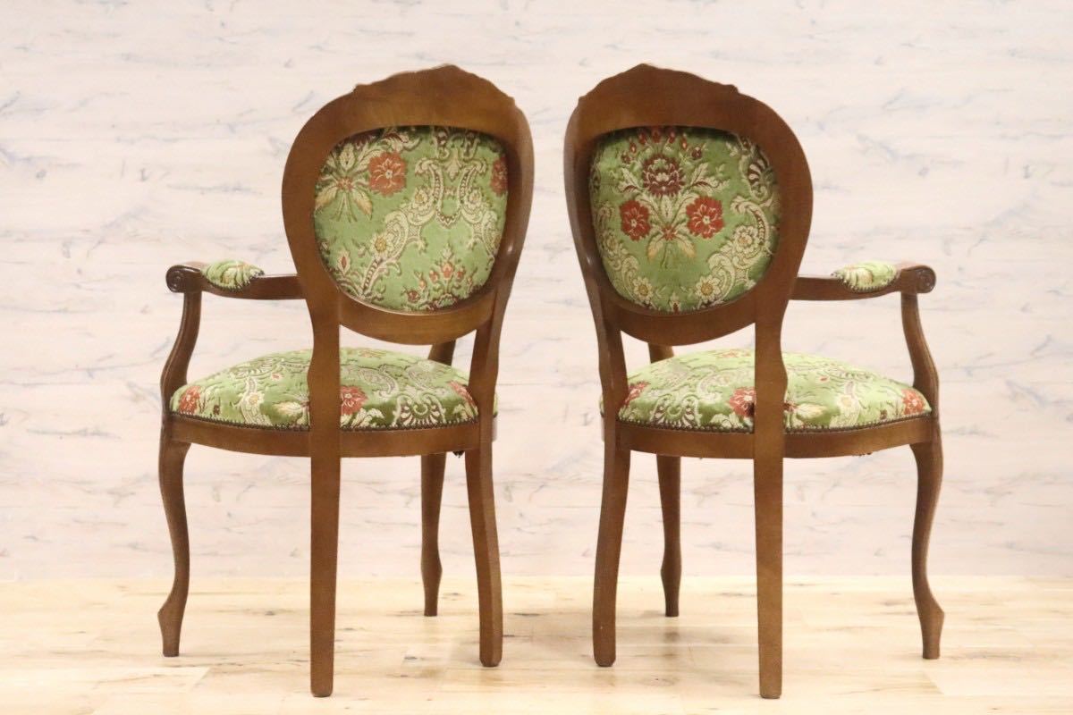 GMGH229○イタリア製 金華山織 ダイニングチェア アームチェア 椅子 クラシック エレガント 彫刻 猫脚 ファブリック グリーン 2脚セッ