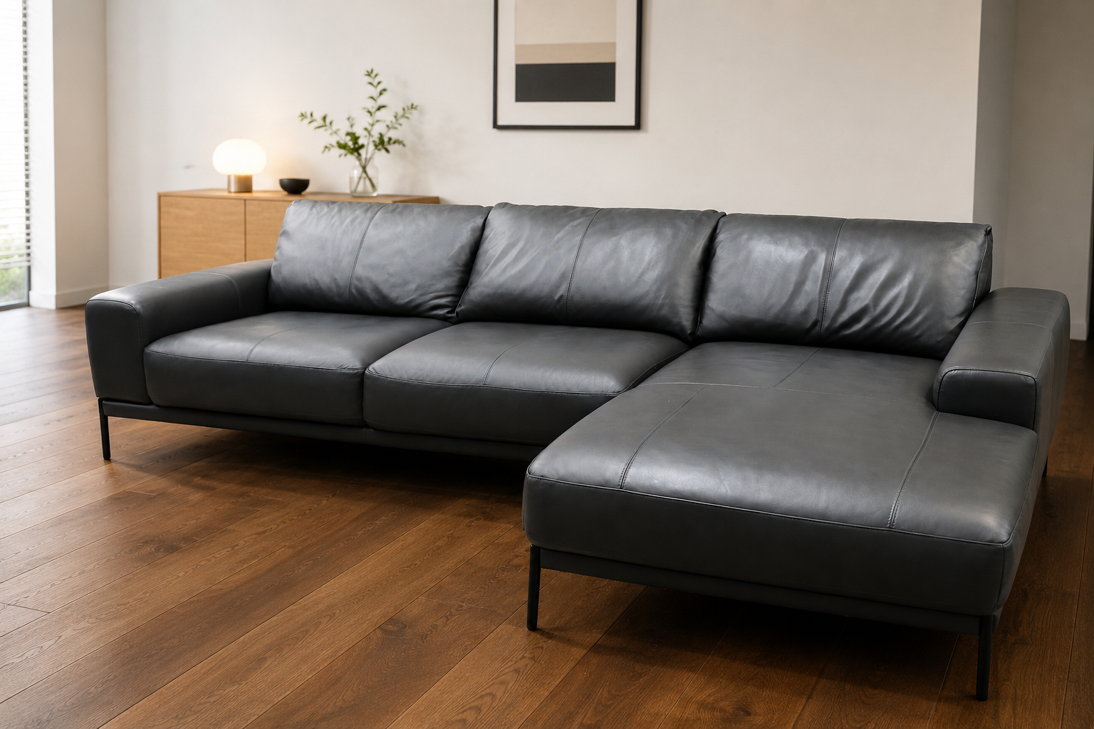 GMJK222○LIVING HOUSE / リビングハウス WEBB ウェッブ カウチソファ 本革 ダークグレー モダン 現行 定価約81万円 モデルルーム展示品