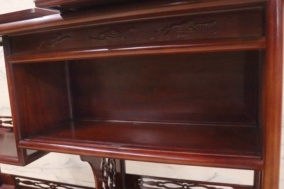 GMGH240○中国美術 茶棚 飾り棚 サイドボード 唐木 無垢材 彫刻 透し彫り 漆塗 和家具 違い棚 和室 座敷 和モダン 約50万