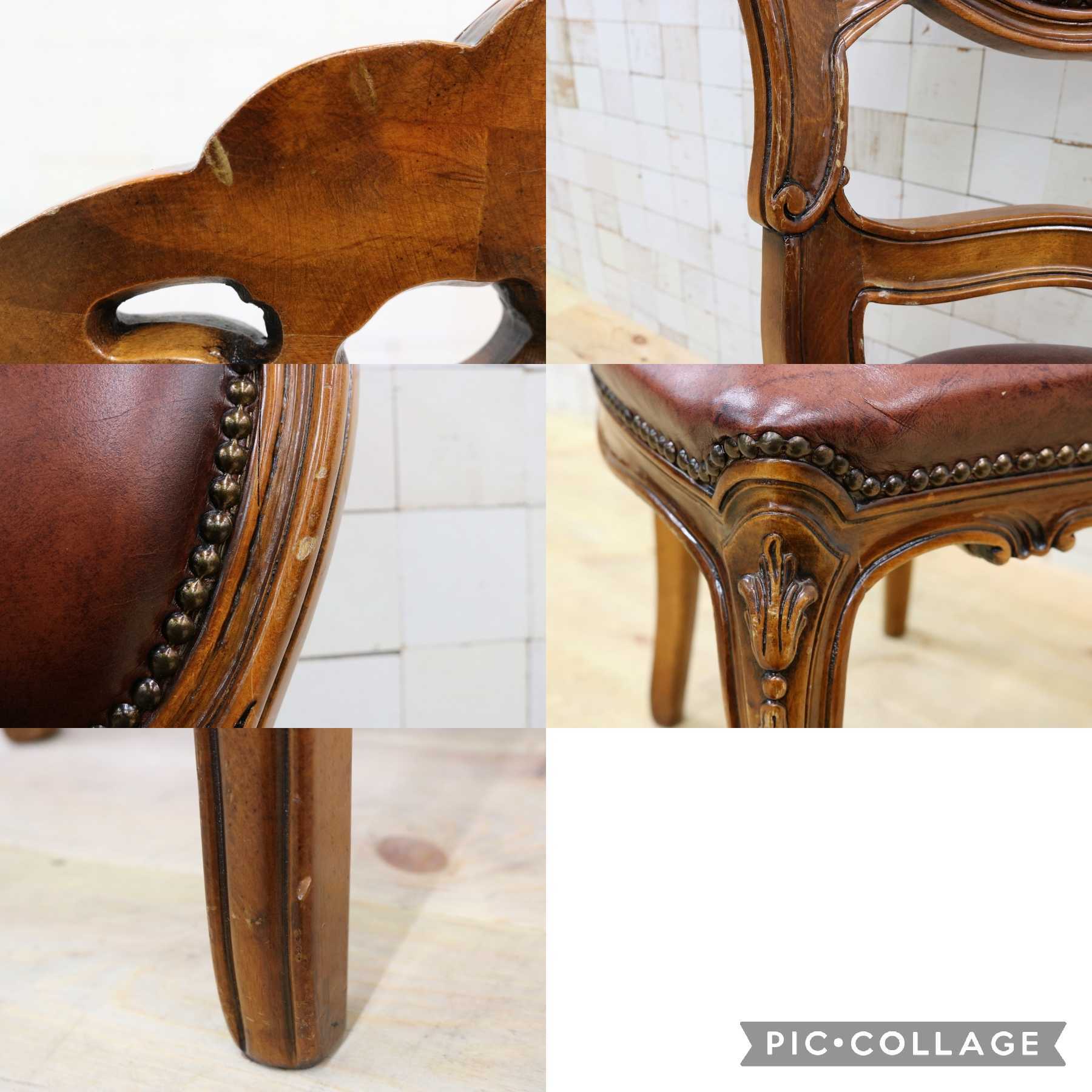 GMHH470B◯イタリア製 ロココ調 ダイニングチェア 食卓椅子 レザー 鋲打ち 彫刻 アンティーク エレガント ヨーロピアン クラシック 猫脚