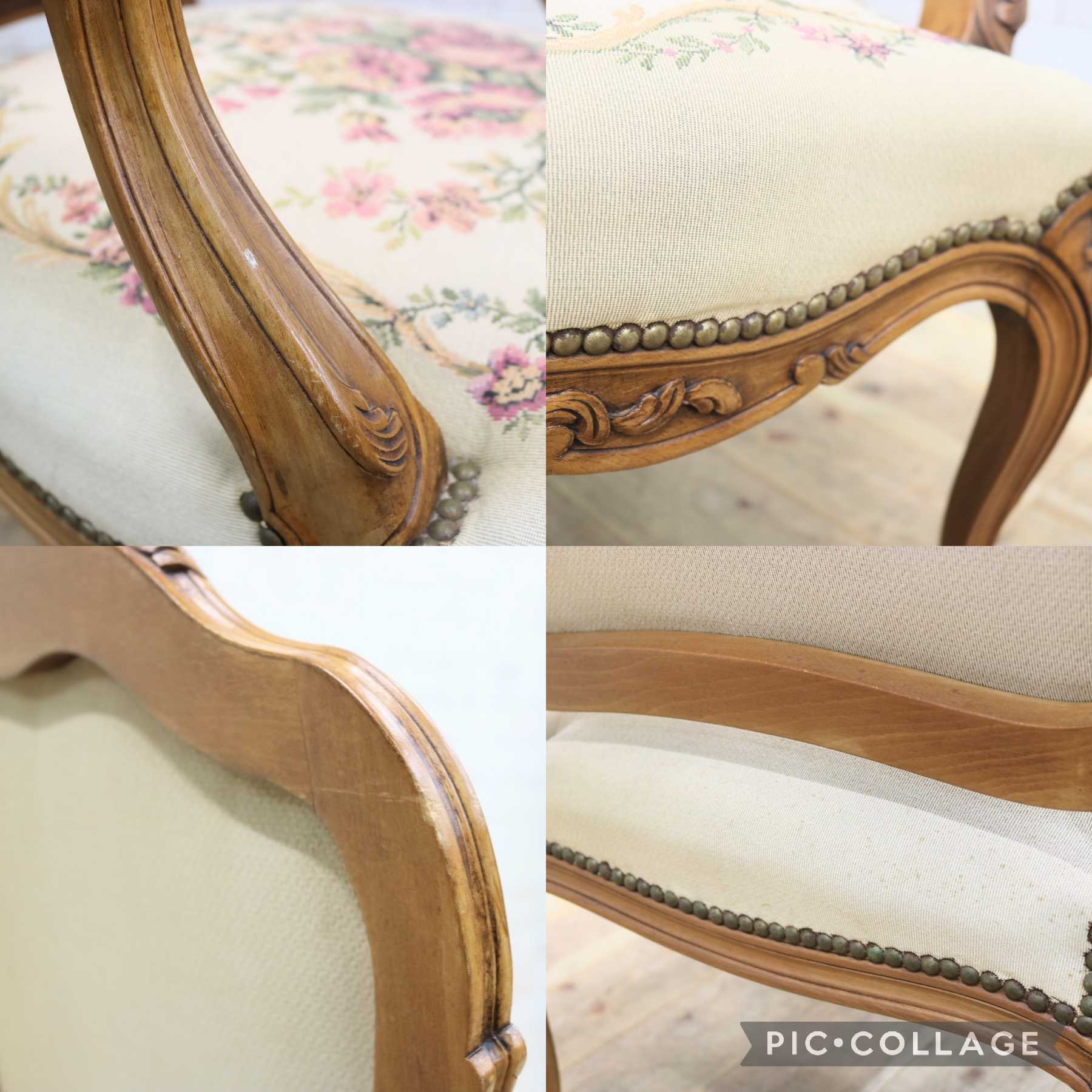 GMIS456A○西洋 アンティーク サロンチェア アームチェア 椅子 ファブリック 鋲打ち 猫脚 クラシック エレガント ロココ調 ヨーロピアン