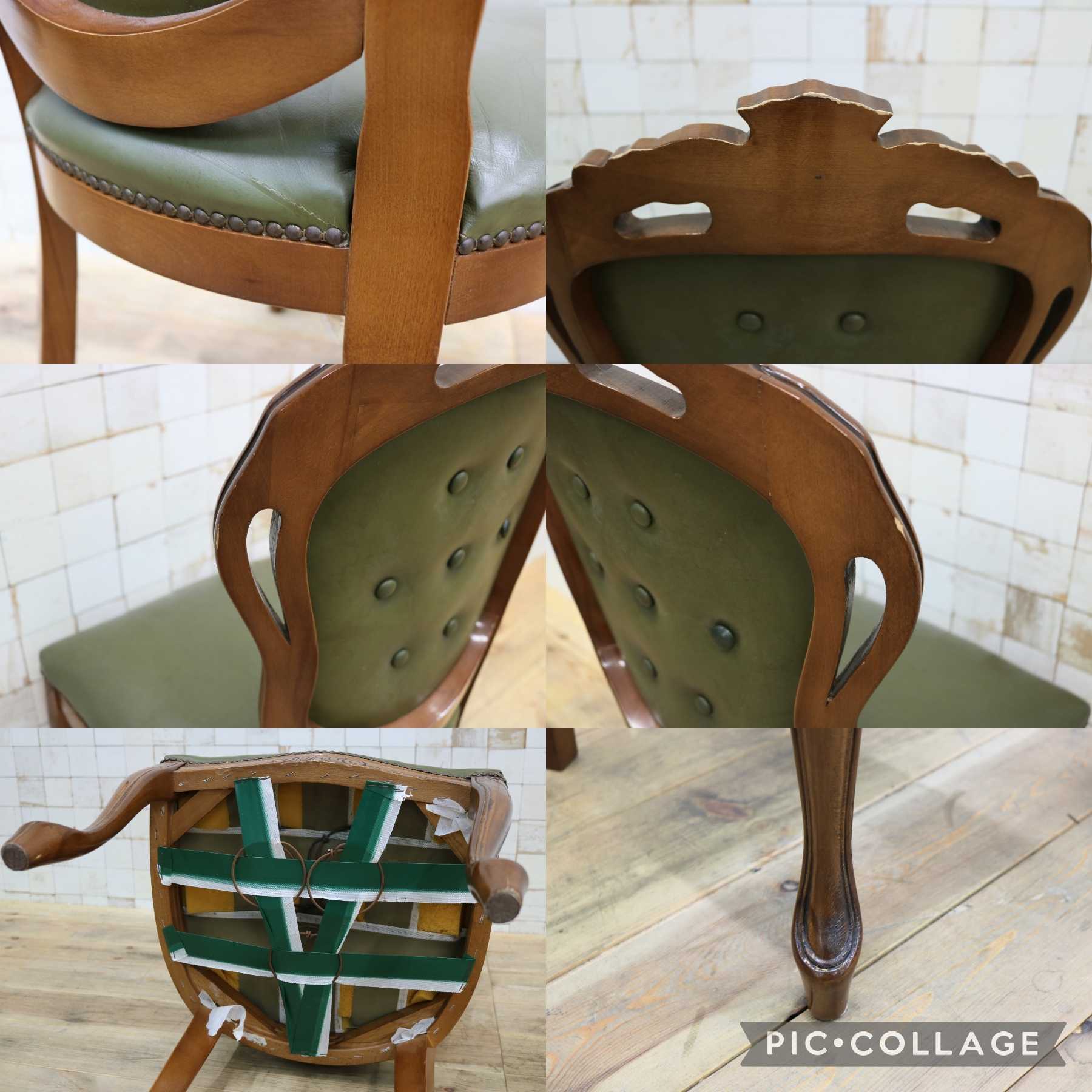 GMIK882A○イタリア ダイニングチェア 食卓椅子 アームレスチェア レザー 鋲打ち 彫刻 猫脚 アンティーク エレガント ヨーロピアン ロココ