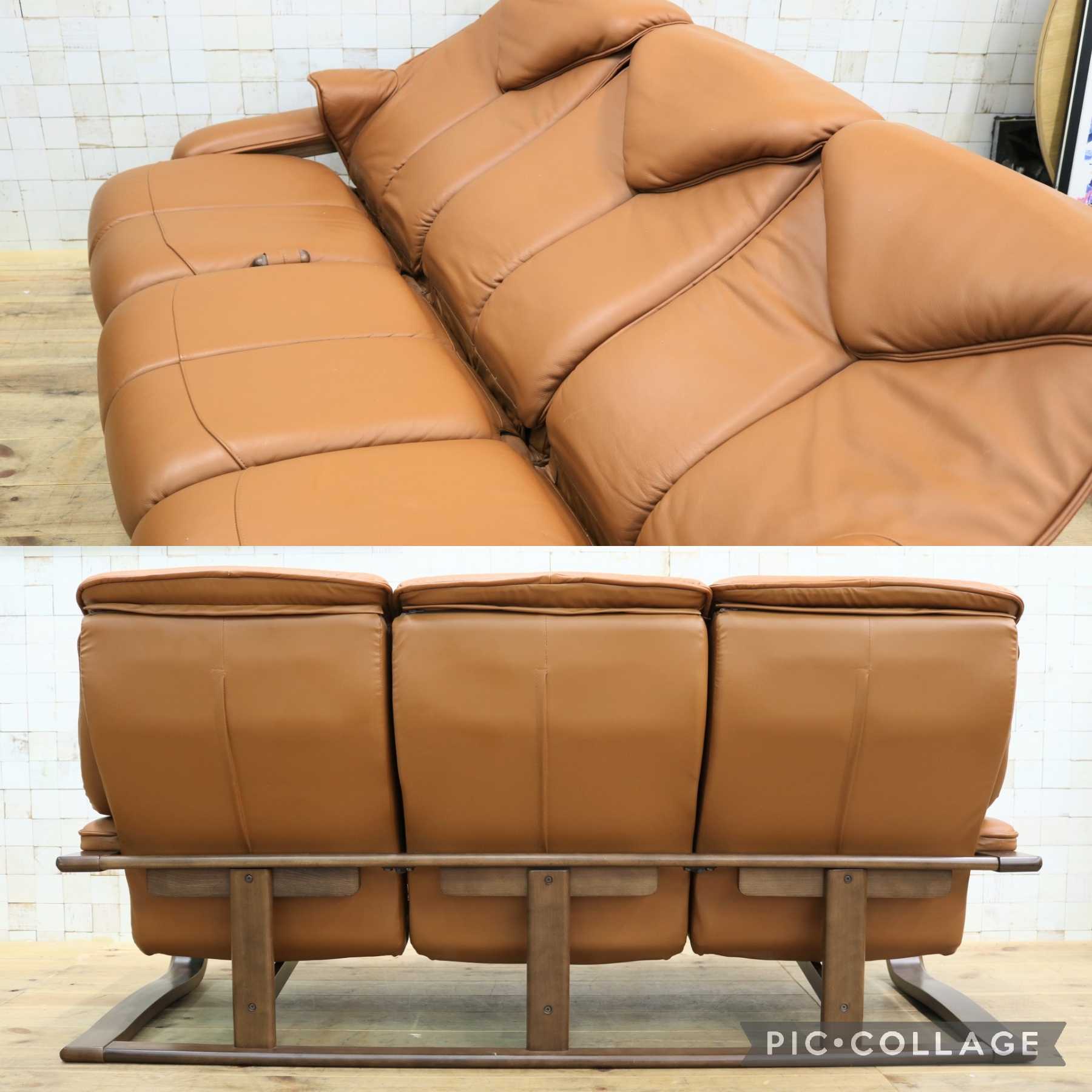 GMJK176A◯冨士ファニチア / FUJI FANITURE トリプルソファ 3人掛けソファ リクライニングソファ ハイバック 本革 レザー 曲木 モダン 北欧