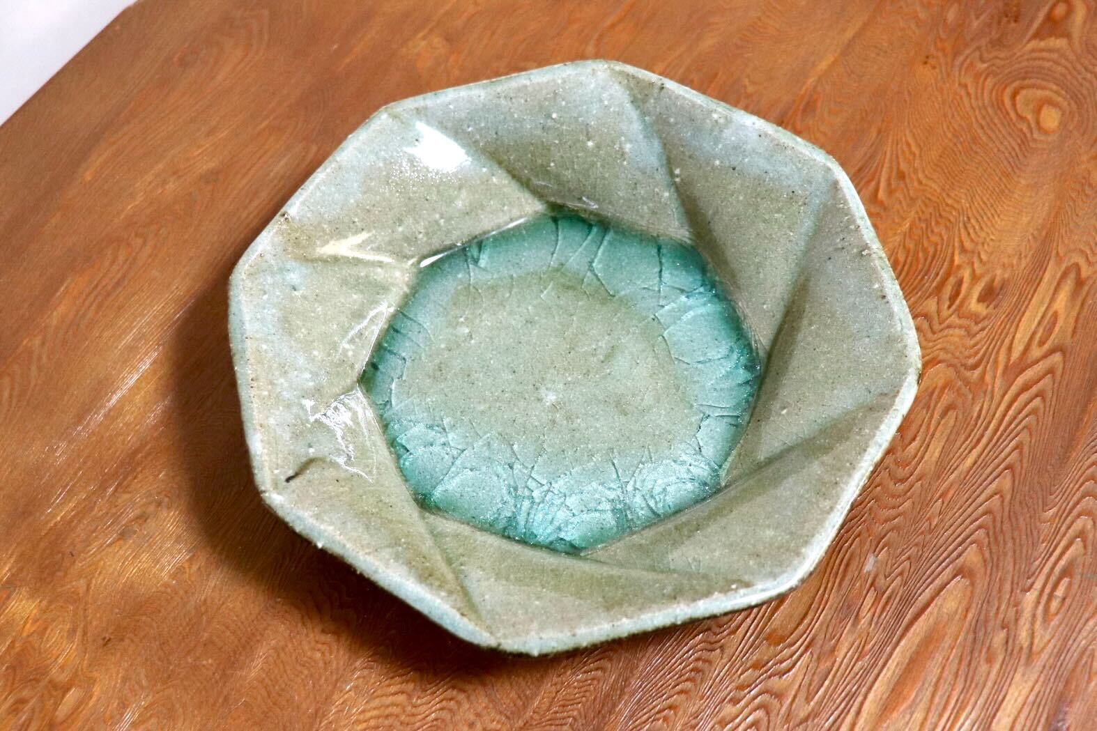 GMIO504F◯丹山窯 丹波焼 八角皿 緑 陶器 丹波篠山 伝統工芸 未使用