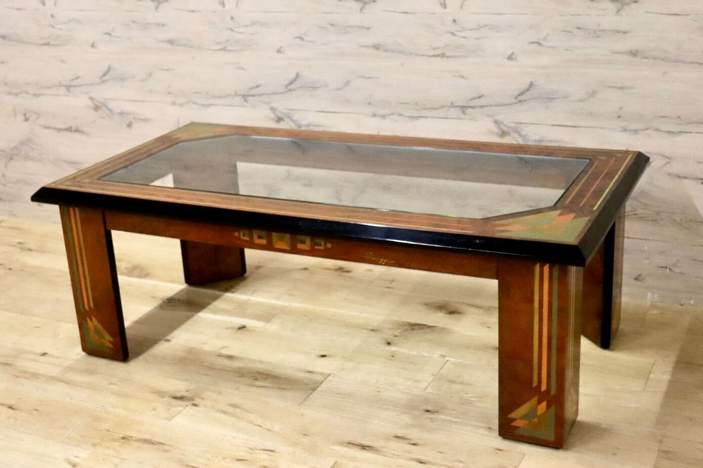 GMIH343○センターテーブル 象嵌細工 ガラス天板 リビングテーブル ローテーブル 応接机 レトロ モダン アンティーク 検）モリシゲ