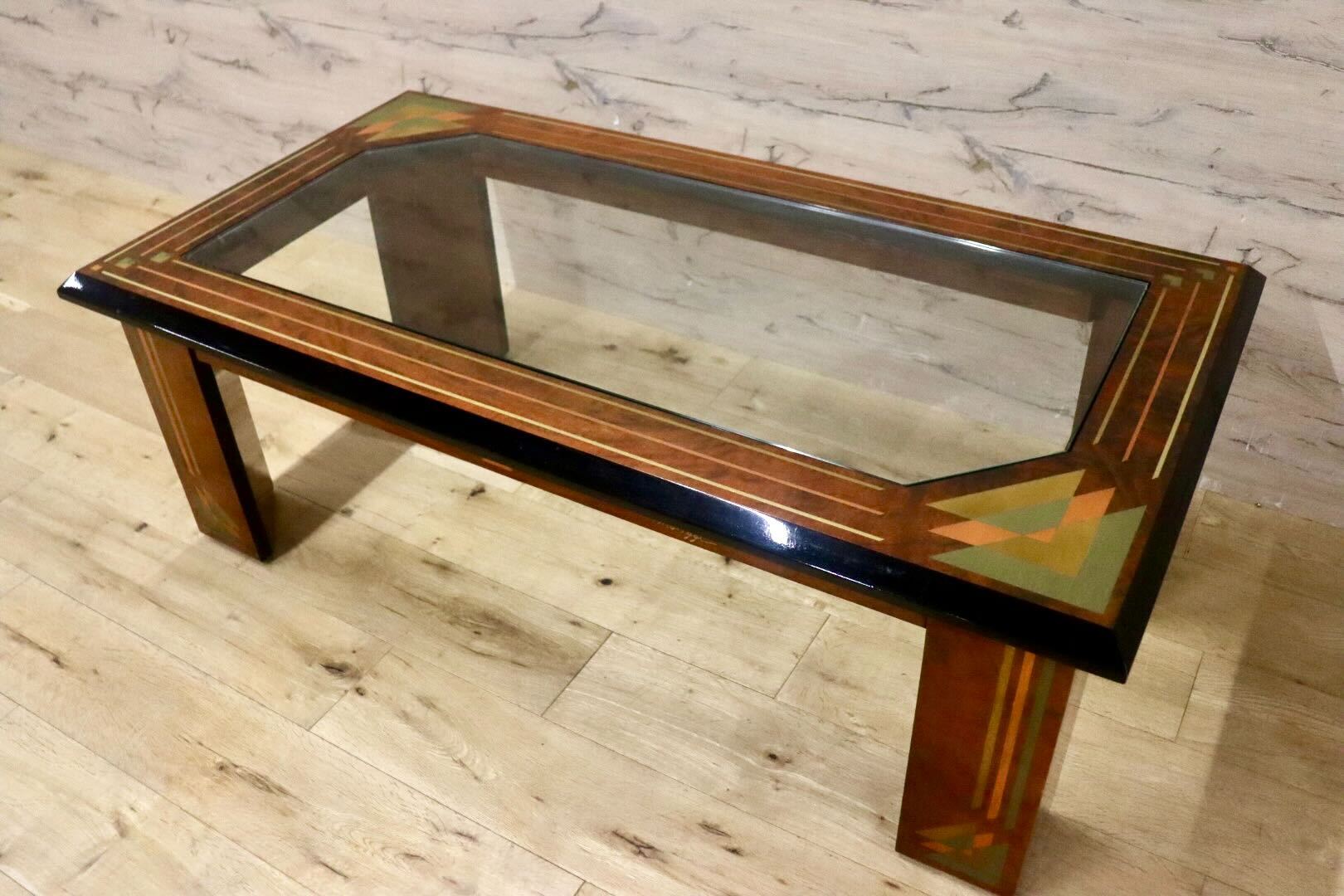 GMIH343○センターテーブル 象嵌細工 ガラス天板 リビングテーブル ローテーブル 応接机 レトロ モダン アンティーク 検）モリシゲ