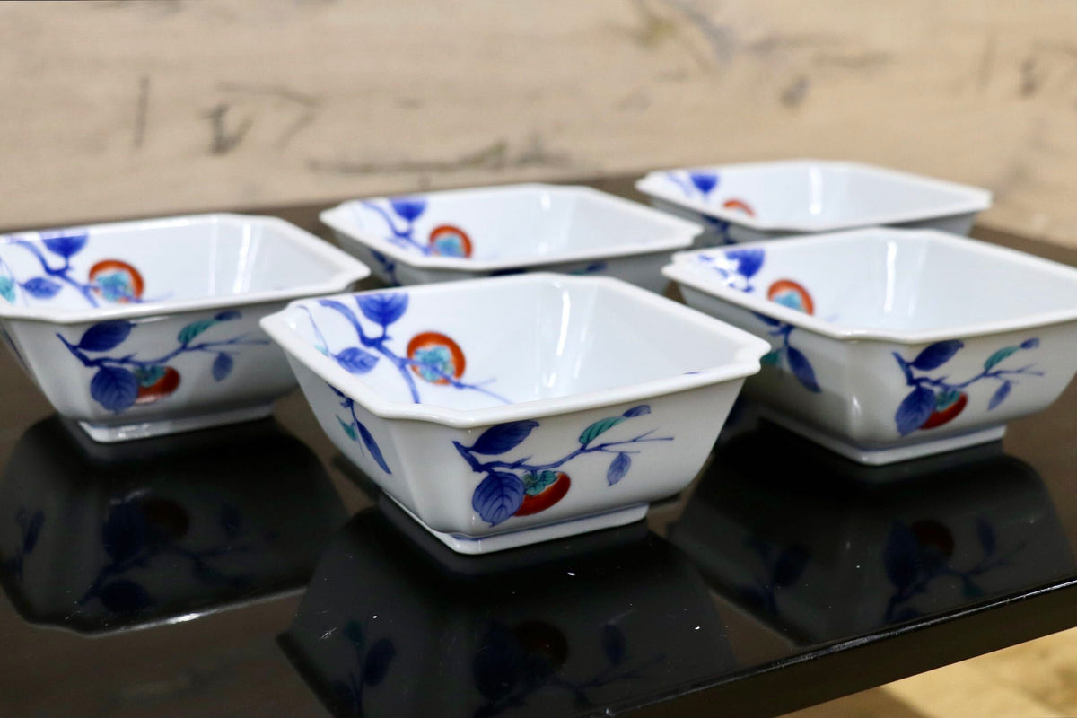 GMJO141S◯Noritake / ノリタケ 乃りたけ 日本の食器 柿右衛門写し 角鉢 向付 銘々鉢 角皿 小皿 和食器 陶器 和モダン 廃盤 稀少 5個セット