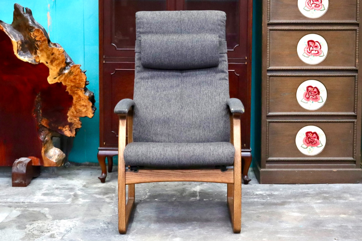 GMJK81○冨士ファニチア / FUJI FURNITURE Rauha リクライニングチェア ソファ 椅子 ヘッドレスト ファブリック オーク材 定価約14.3万
