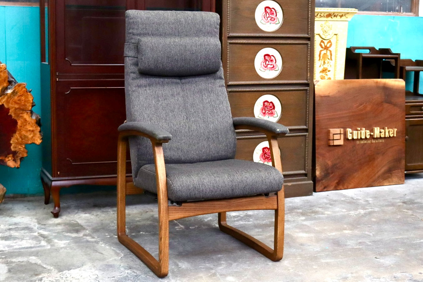 GMJK81○冨士ファニチア / FUJI FURNITURE Rauha リクライニングチェア ソファ 椅子 ヘッドレスト ファブリック オーク材 定価約14.3万