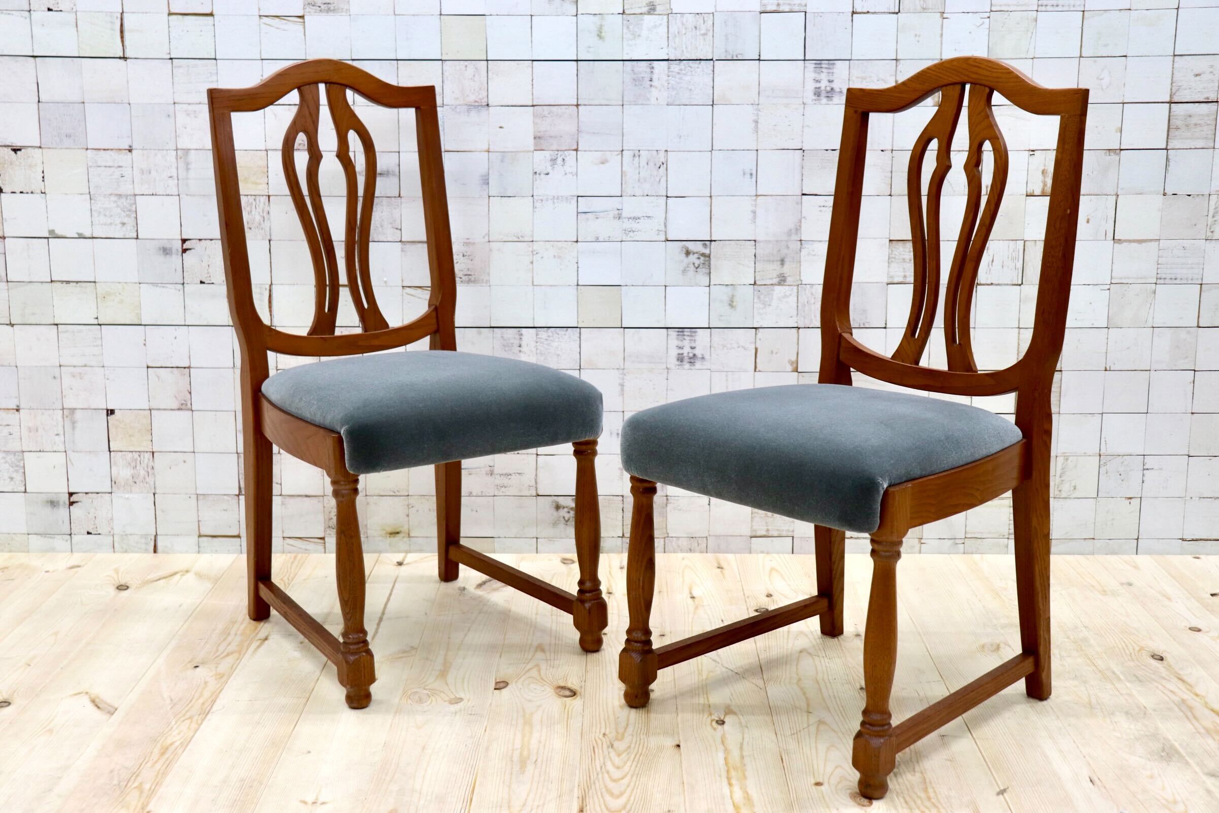 GMGT117B○英国アンティーク ダイニングチェア 食卓椅子 ファブリック グレー オーク 座面張替済 2脚セット クラシック 検)三越ブルージュ