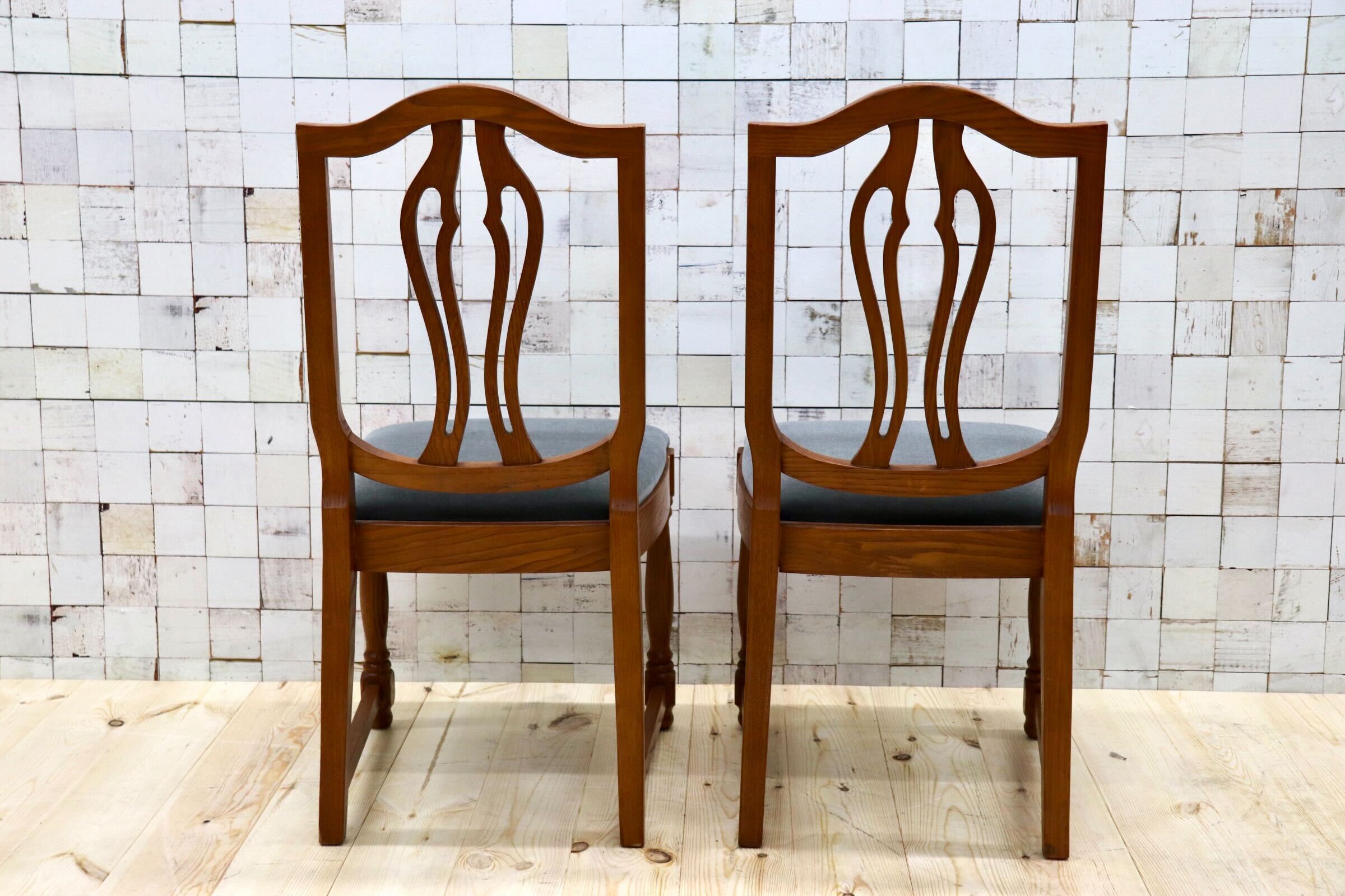 GMGT117C○英国アンティーク ダイニングチェア 食卓椅子 ファブリック グレー オーク 座面張替済 2脚セット クラシック 検)三越ブルージュ