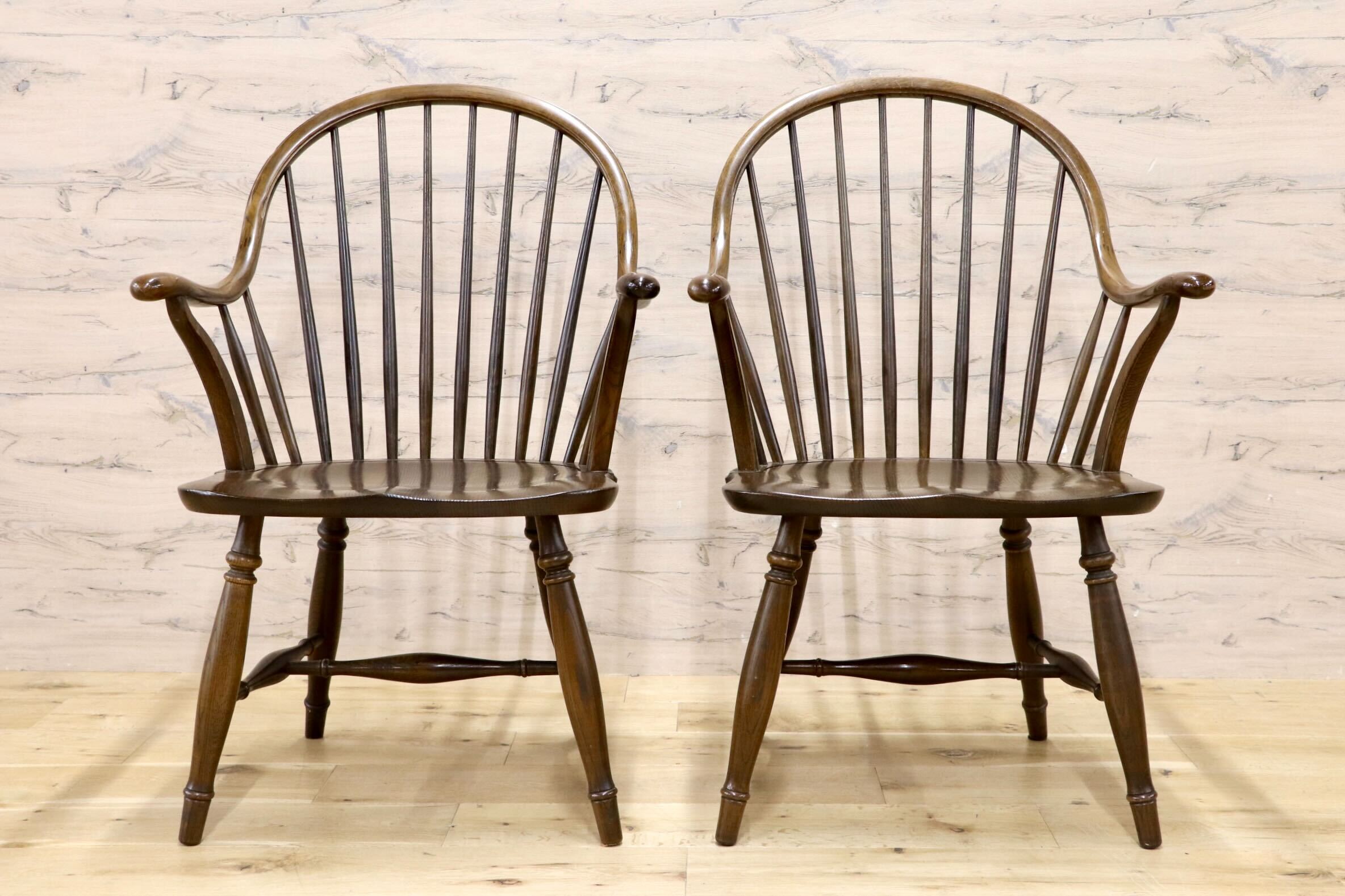 GMIS560B○柏木工 / KASHIWA ダイニングチェア 2脚セット ウィンザーチェア アームチェア カントリー アンティーク ヴィンテージ 国産家具