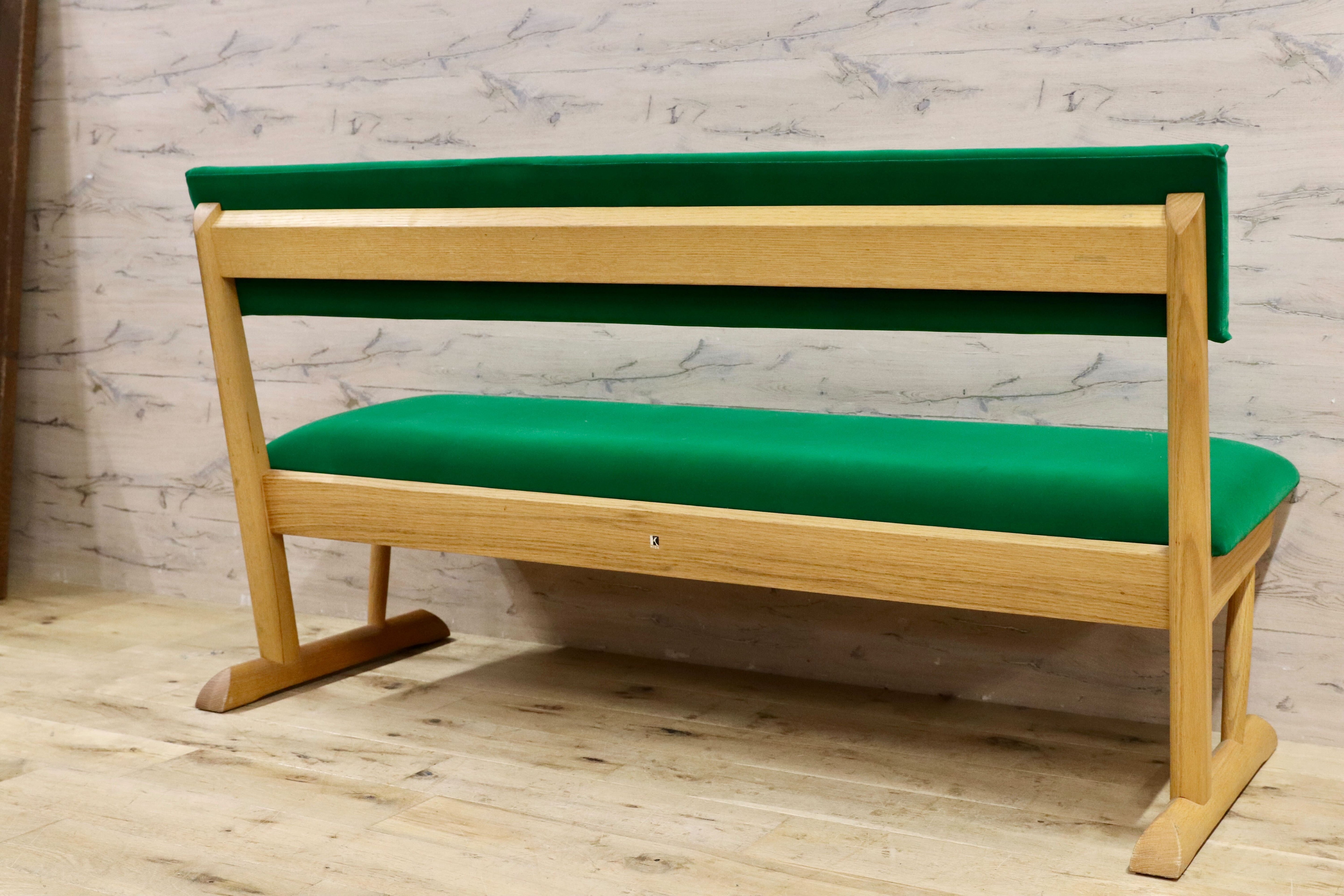 GMIK488○飛騨産業 / HIDA キツツキ KAYA カヤ ベンチ 長椅子 ダイニングチェア 椅子 オーク無垢材 飛騨家具 IDC大塚家具 緑 布張り