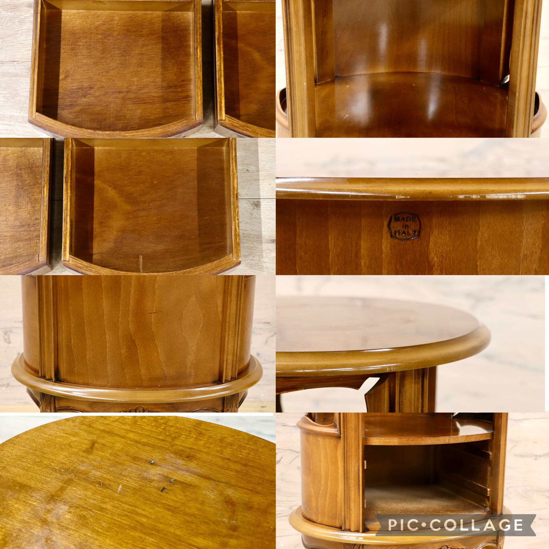 GMIK833○イタリア製 サイドテーブル ラウンドチェスト コンソール ナイトテーブル クラシック 猫脚 2段引き出し 木製 電話台 彫刻