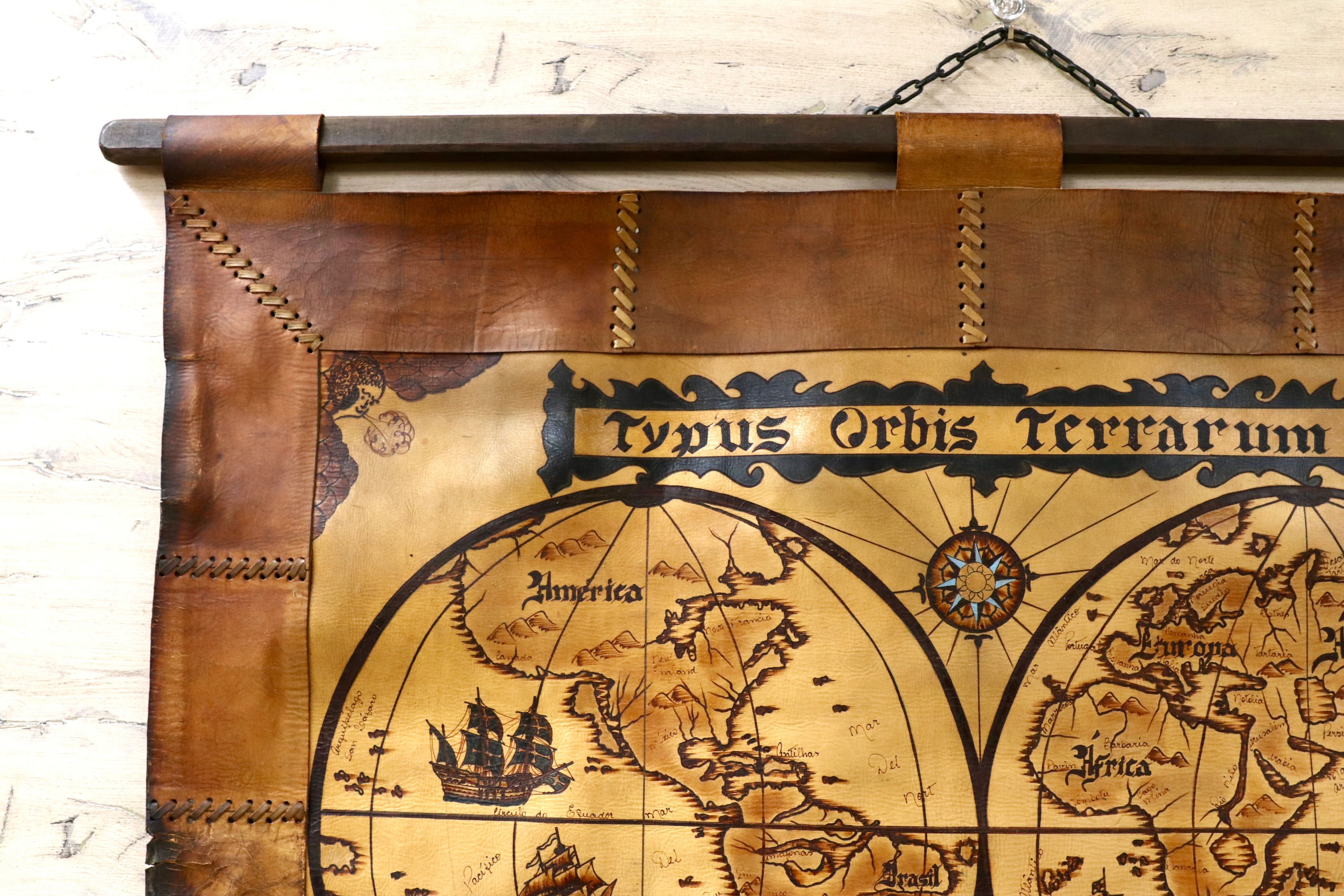 GMJK65○本革 レザーウォールデコ Typus Orbis Terrarum 古地図 世界地図 タペストリー ヴィンテージ クラシック 壁掛け インテリア