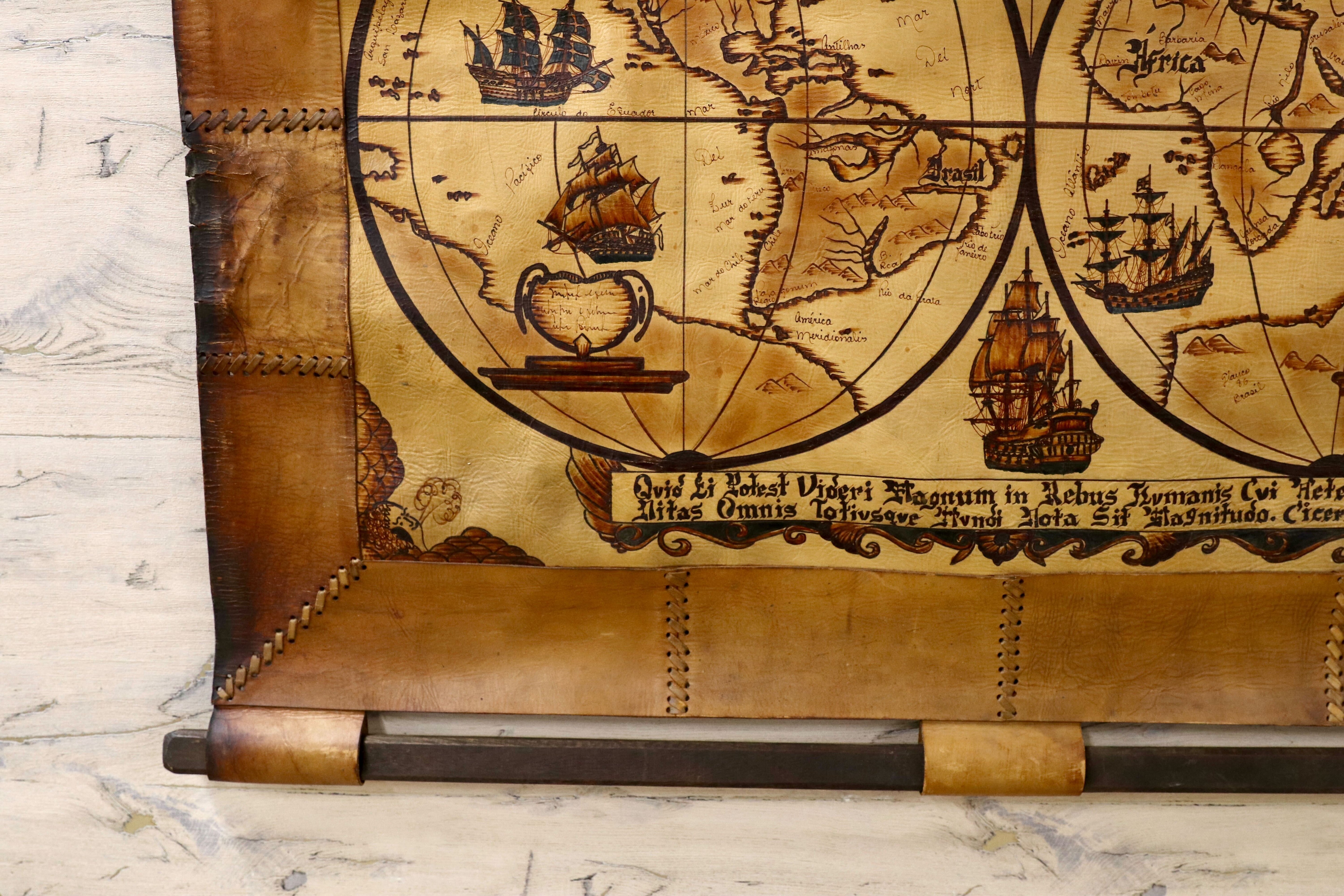 GMJK65○本革 レザーウォールデコ Typus Orbis Terrarum 古地図 世界地図 タペストリー ヴィンテージ クラシック 壁掛け インテリア