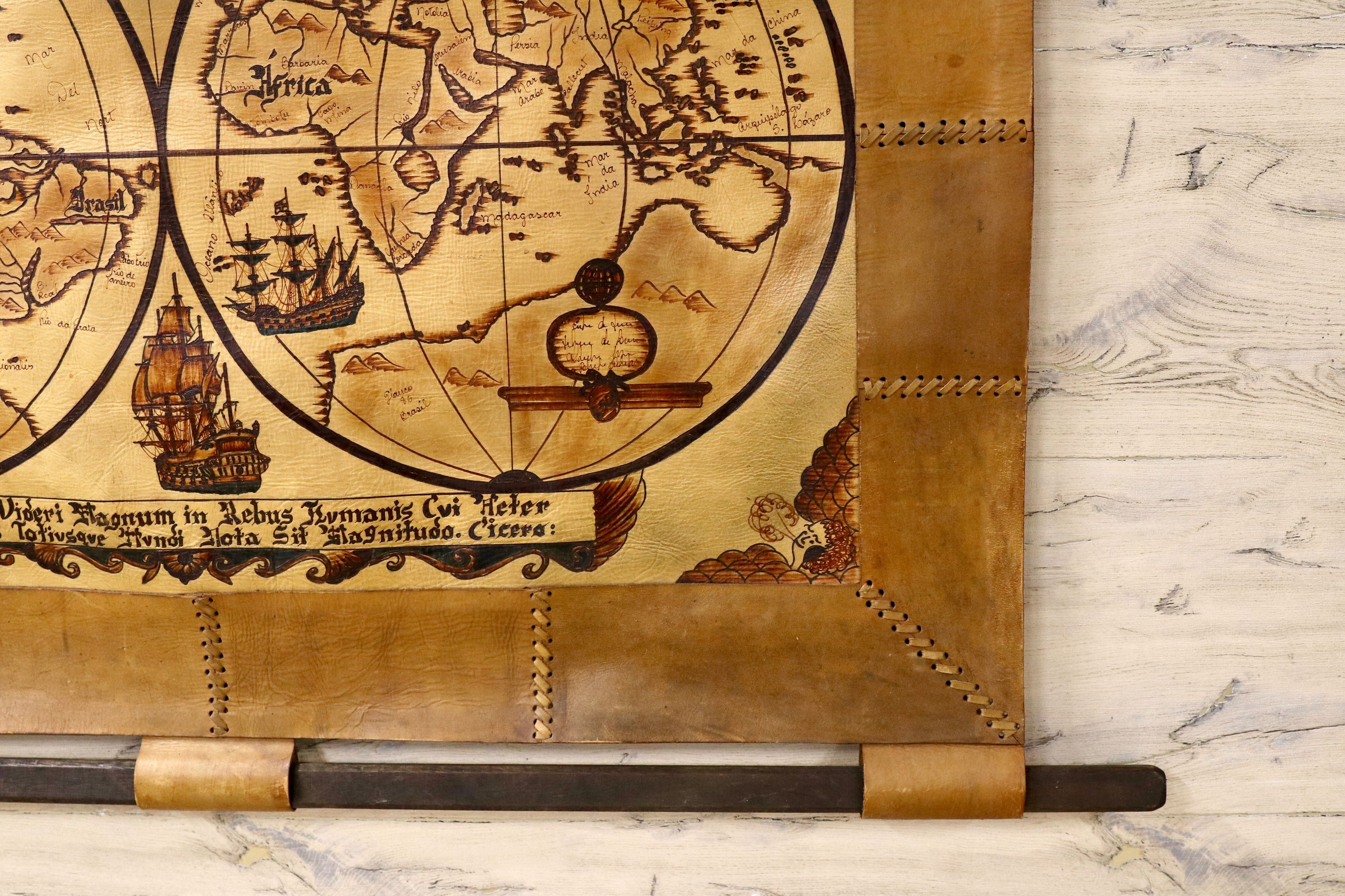 GMJK65○本革 レザーウォールデコ Typus Orbis Terrarum 古地図 世界地図 タペストリー ヴィンテージ クラシック 壁掛け インテリア