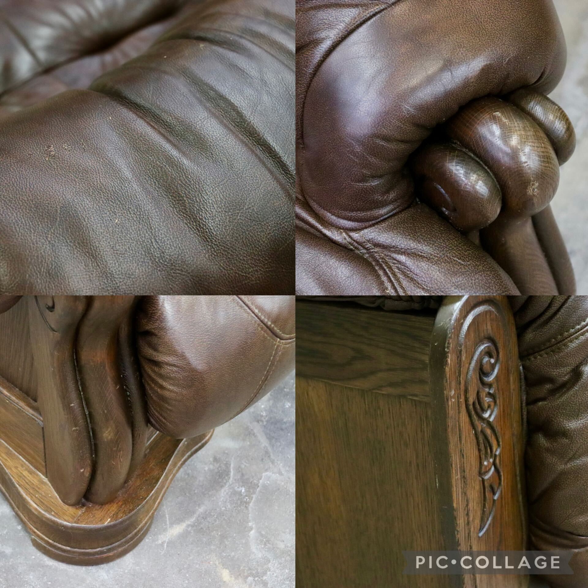 GMIK622○オランダ製 ダッチカントリー 3人掛けソファ トリプルソファ 長椅子 楢材 本革 ブラウン クラシック ヴィンテージ 約60万