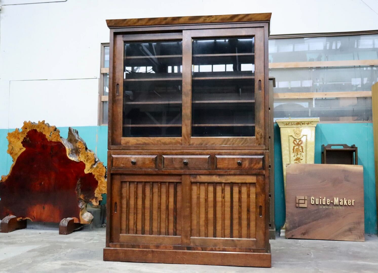 GMIH459○九州民芸家具 食器棚 水屋箪笥 飾り棚 樺材 無垢 カップボード キャビネット 和家具 和モダン 古民家 レトロ 民藝