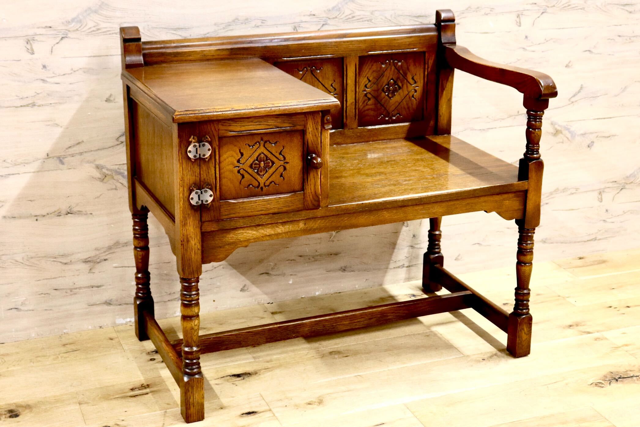 GMIS283○西洋アンティーク イギリス テレフォンベンチ チェア 椅子 レトロ ヨーロピアン クラシック ヴィンテージ オーク無垢材