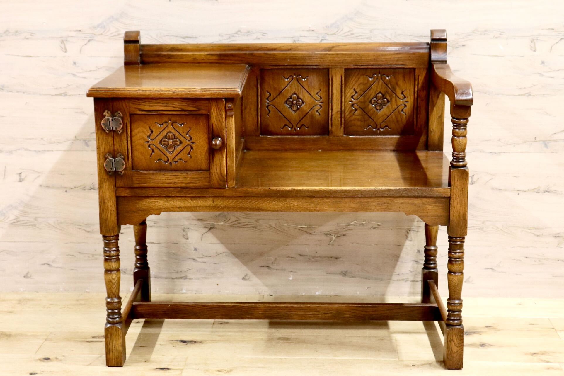 GMIS283○西洋アンティーク イギリス テレフォンベンチ チェア 椅子 レトロ ヨーロピアン クラシック ヴィンテージ オーク無垢材