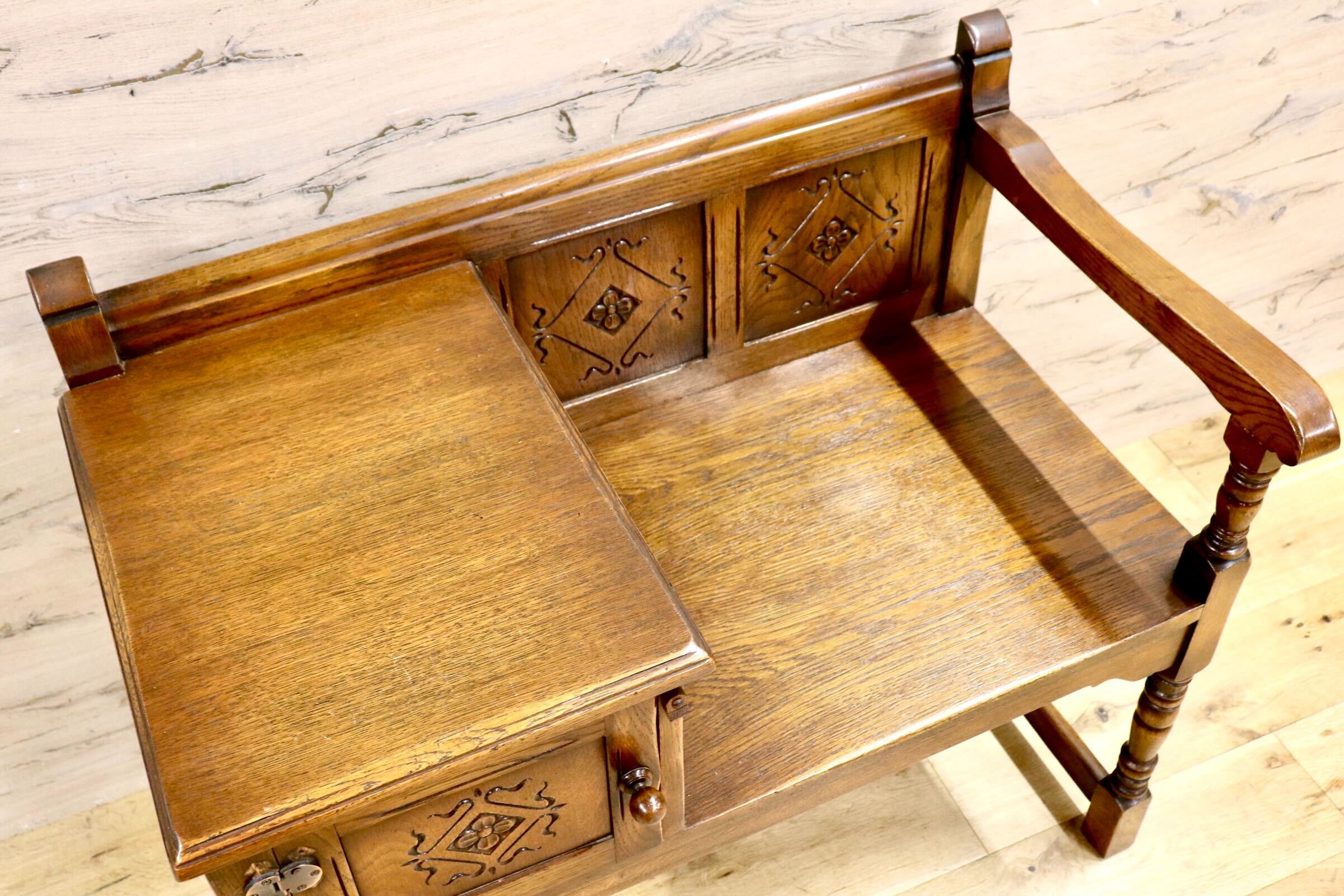 GMIS283○西洋アンティーク イギリス テレフォンベンチ チェア 椅子 レトロ ヨーロピアン クラシック ヴィンテージ オーク無垢材