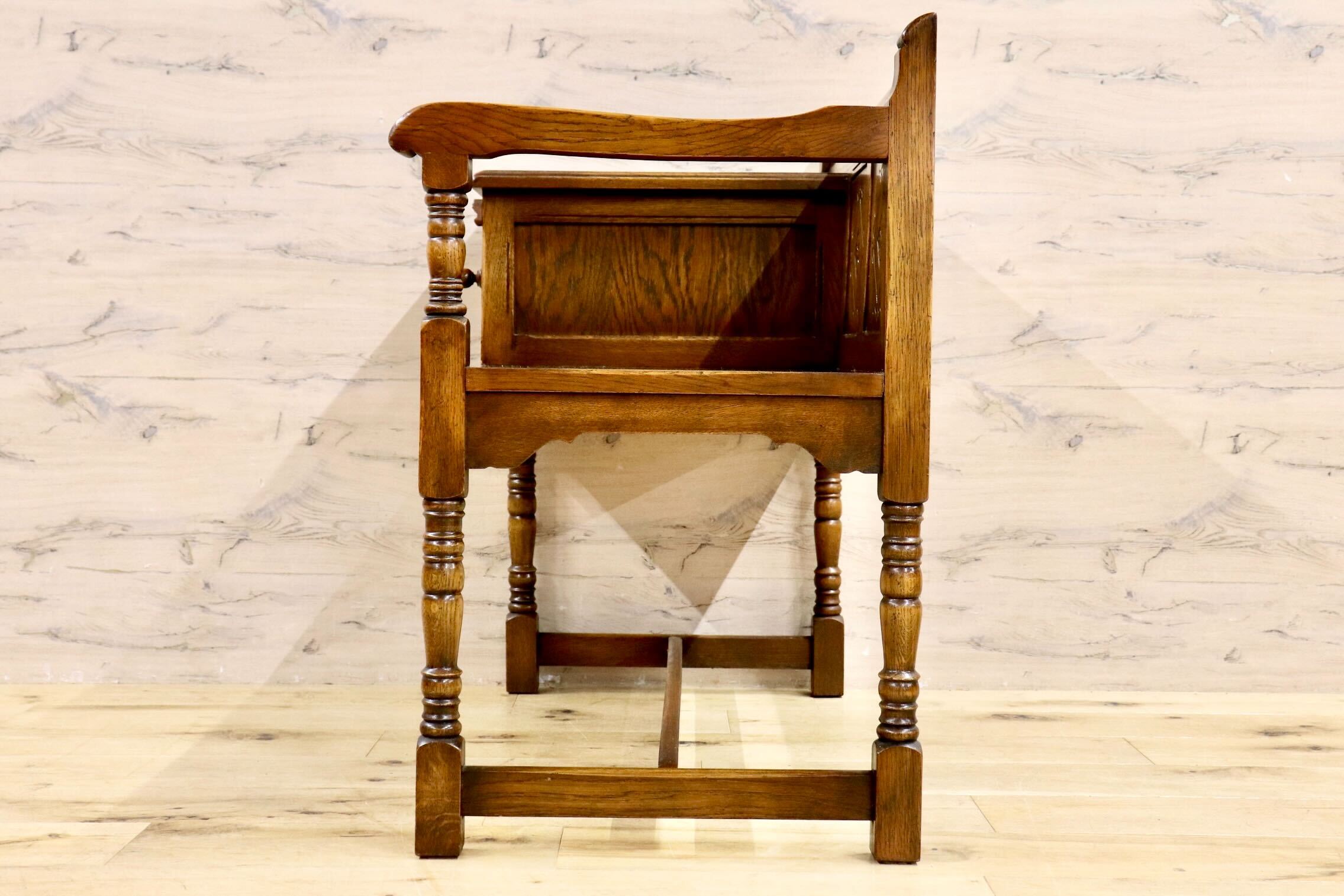 GMIS283○西洋アンティーク イギリス テレフォンベンチ チェア 椅子 レトロ ヨーロピアン クラシック ヴィンテージ オーク無垢材