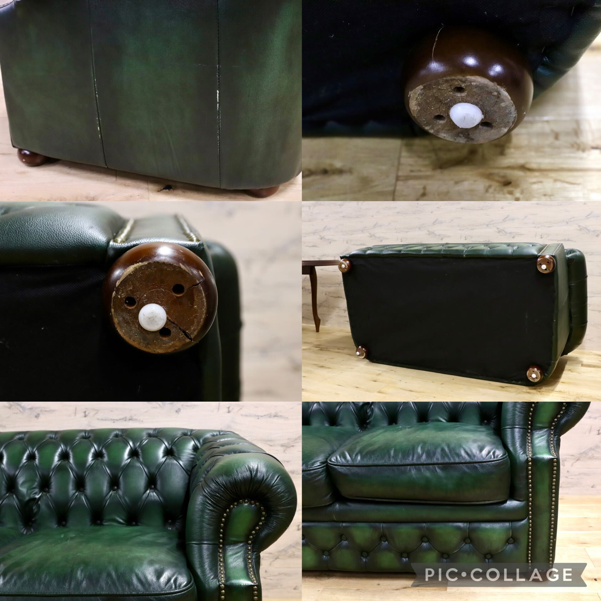 GMIK562○イギリス チェスターフィールド 2人掛けソファ ラブソファ 本革 緑 グリーン 2シーター クラシック アンティーク 椅子 英国