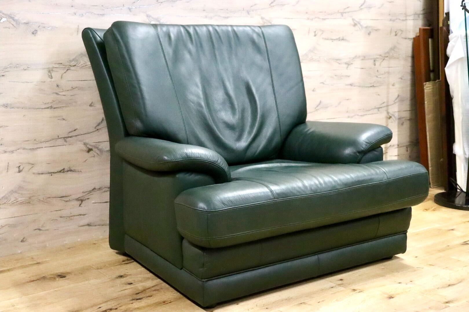 GMHS310○karimoku / カリモク ZT9500 1人掛けソファ シングルソファ 本革 グリーン 椅子 モダン 国産家具 美品