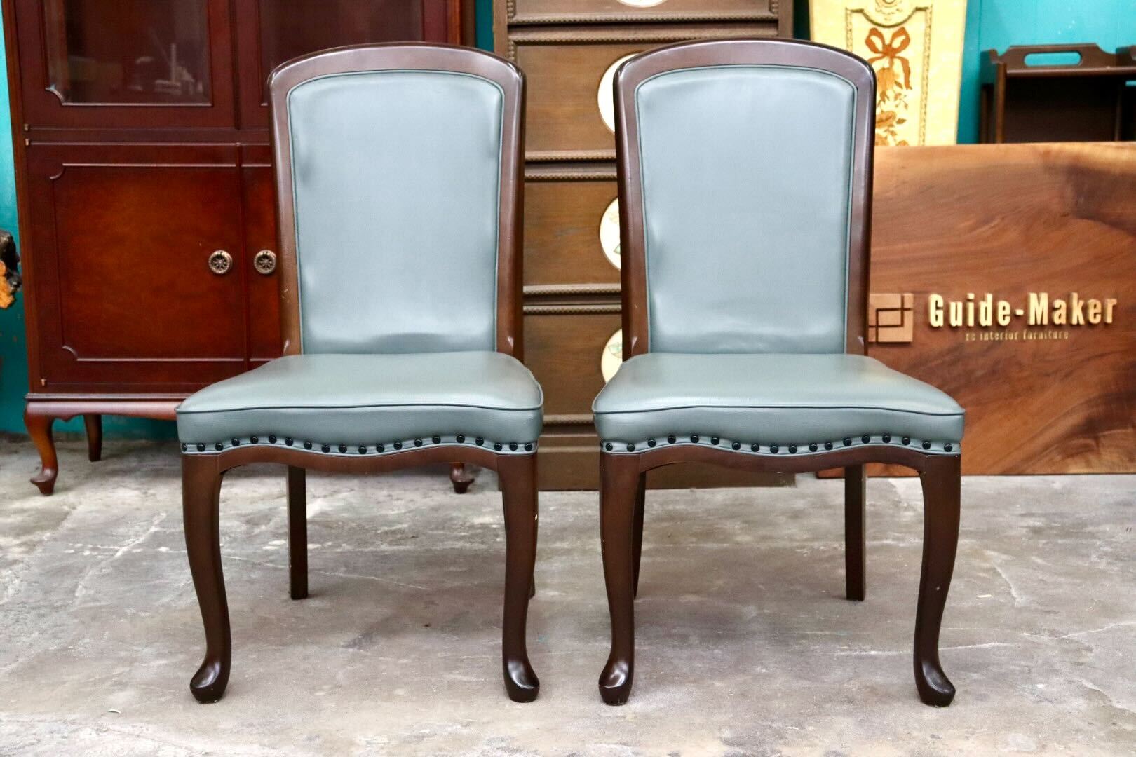 GMIK163○ダイニングチェア アームレスチェア アンティーク調チェア 椅子 食卓椅子 猫脚 クラシック モダン グリーン 2脚セット