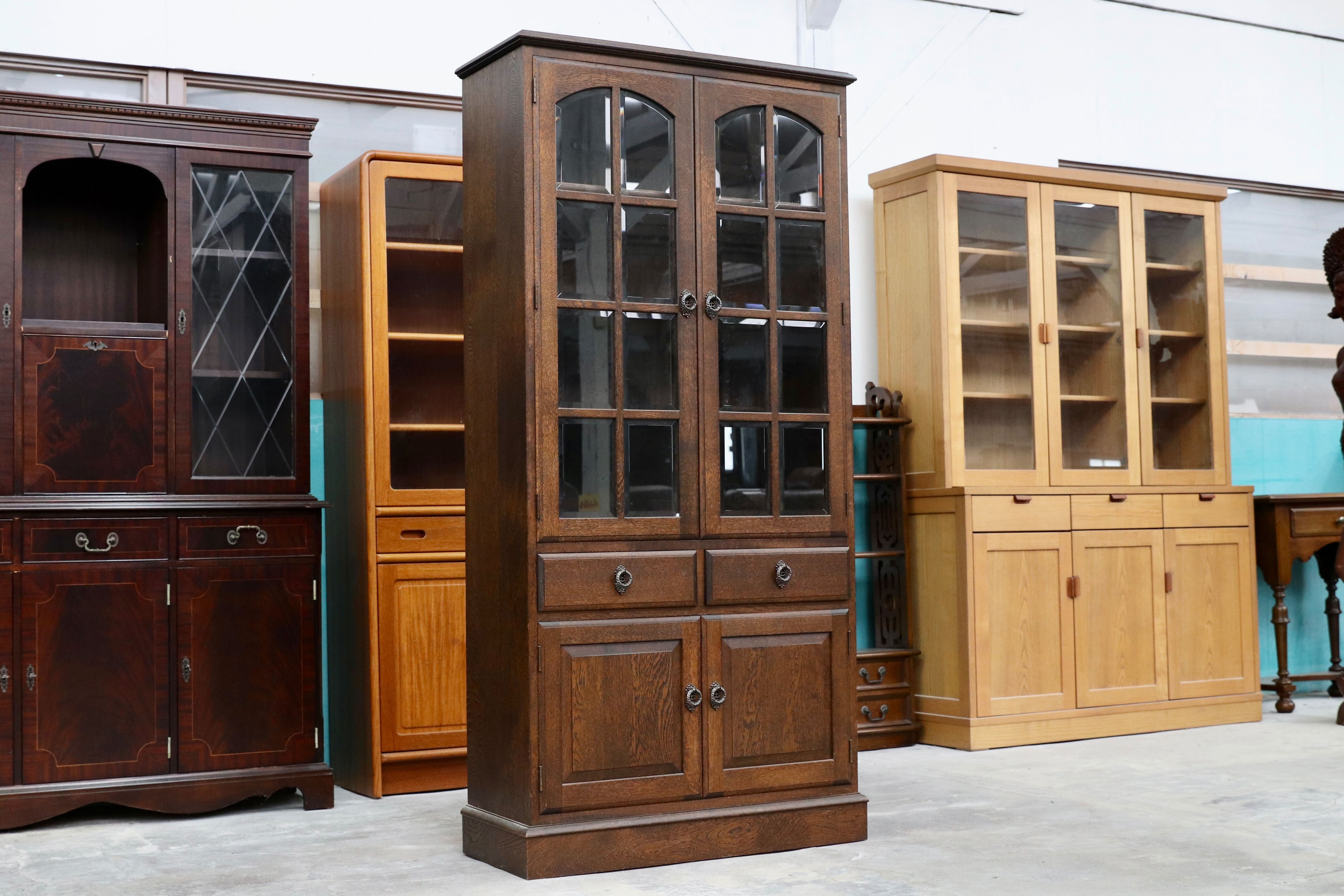 GMIK272○横浜元町 竹中家具 キャビネット 飾り棚 高級家具 オーク無垢材 クラシック アンティーク調 大正ロマン 英国カントリー