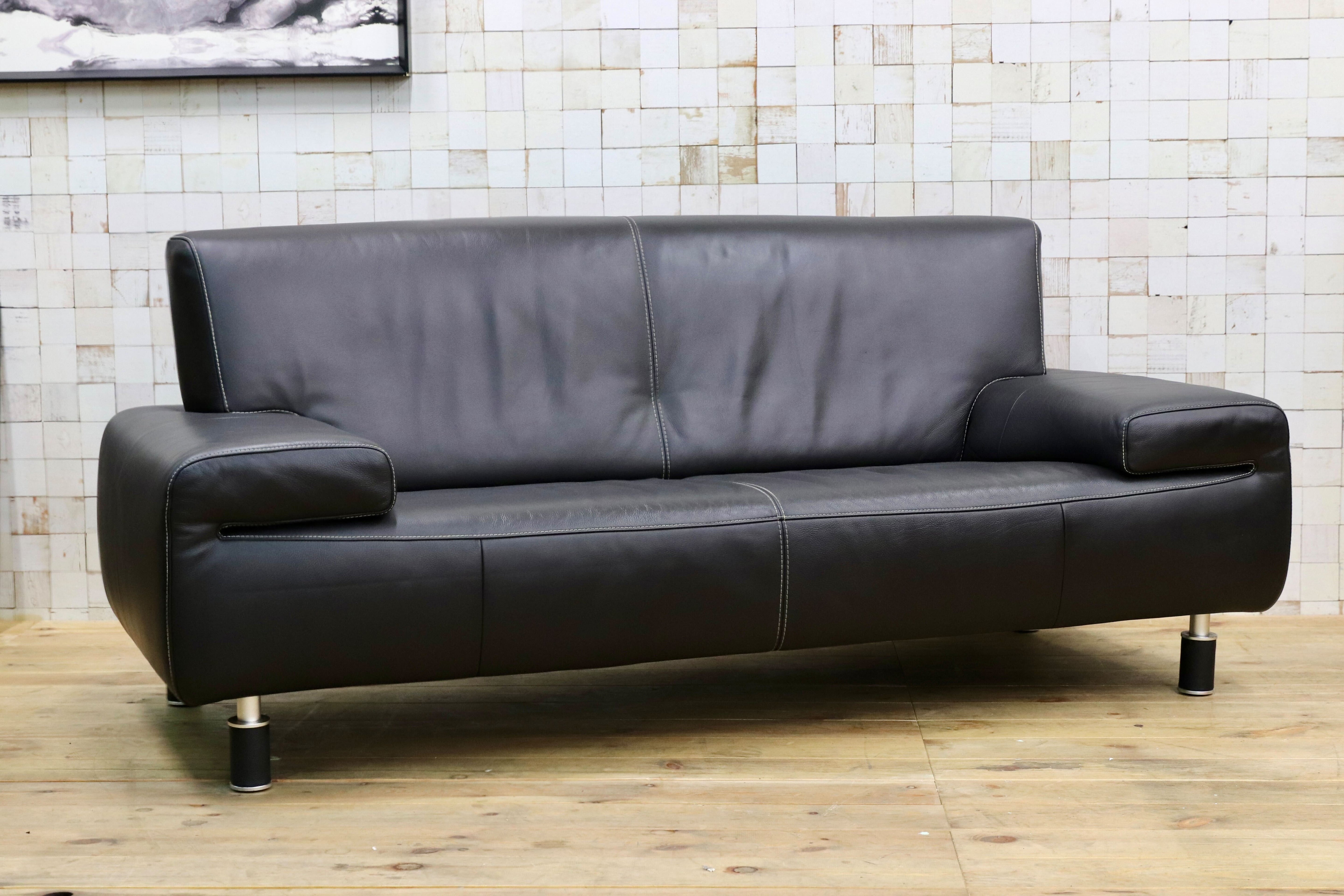 GMIH361○ROSALINE ドイツ製 2人掛けワイドソファ ラブソファ ブラック 総本革 モダン スタイリッシュ 約36万 検）ギャラリーエム