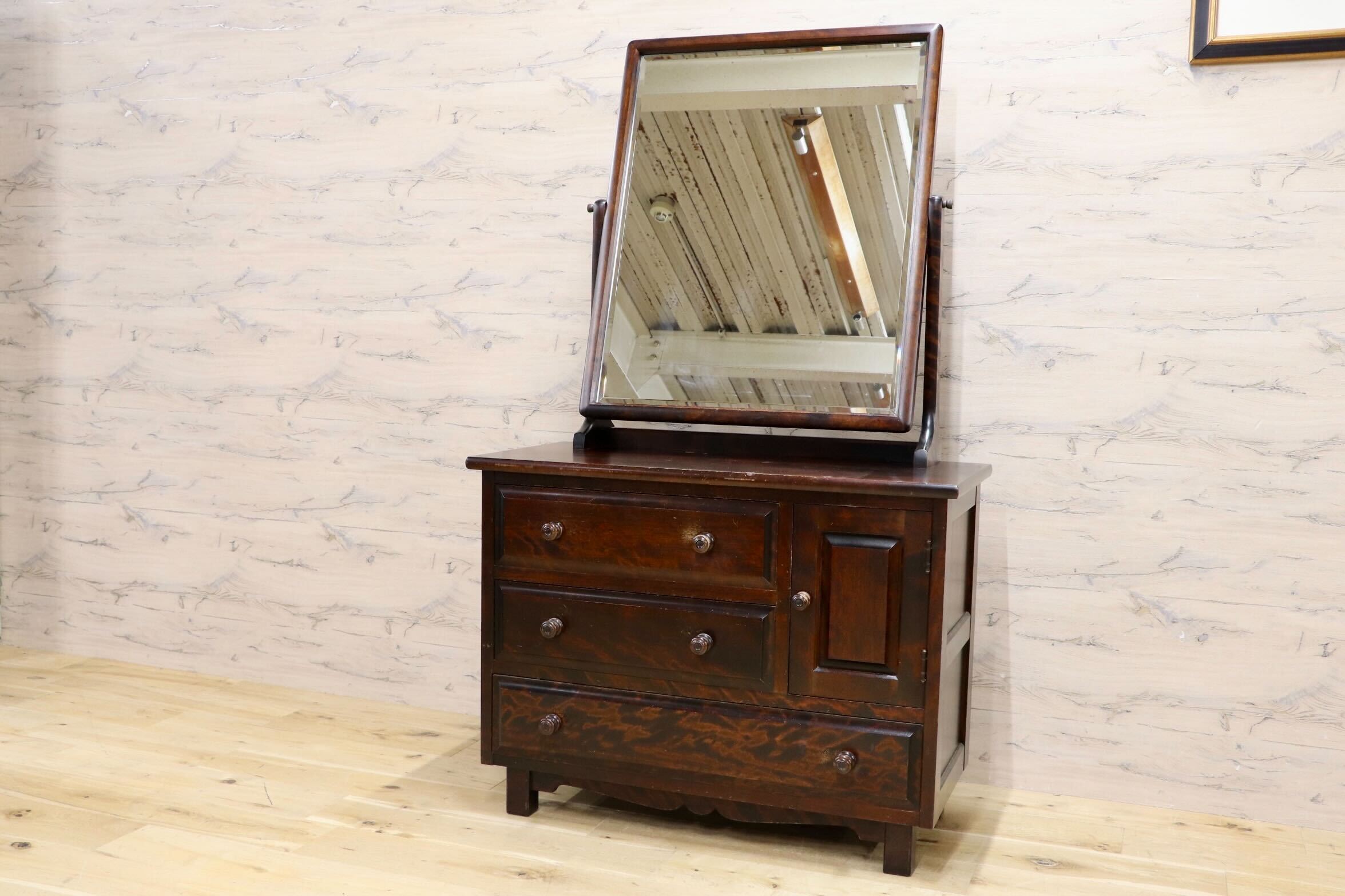 GMIS568○北海道民芸家具 ドレッサー 鏡台 化粧台 ミラー チェスト 整理箪笥 収納家具 樺材 アンティーク レトロ 古民家 和モダン 国産家具