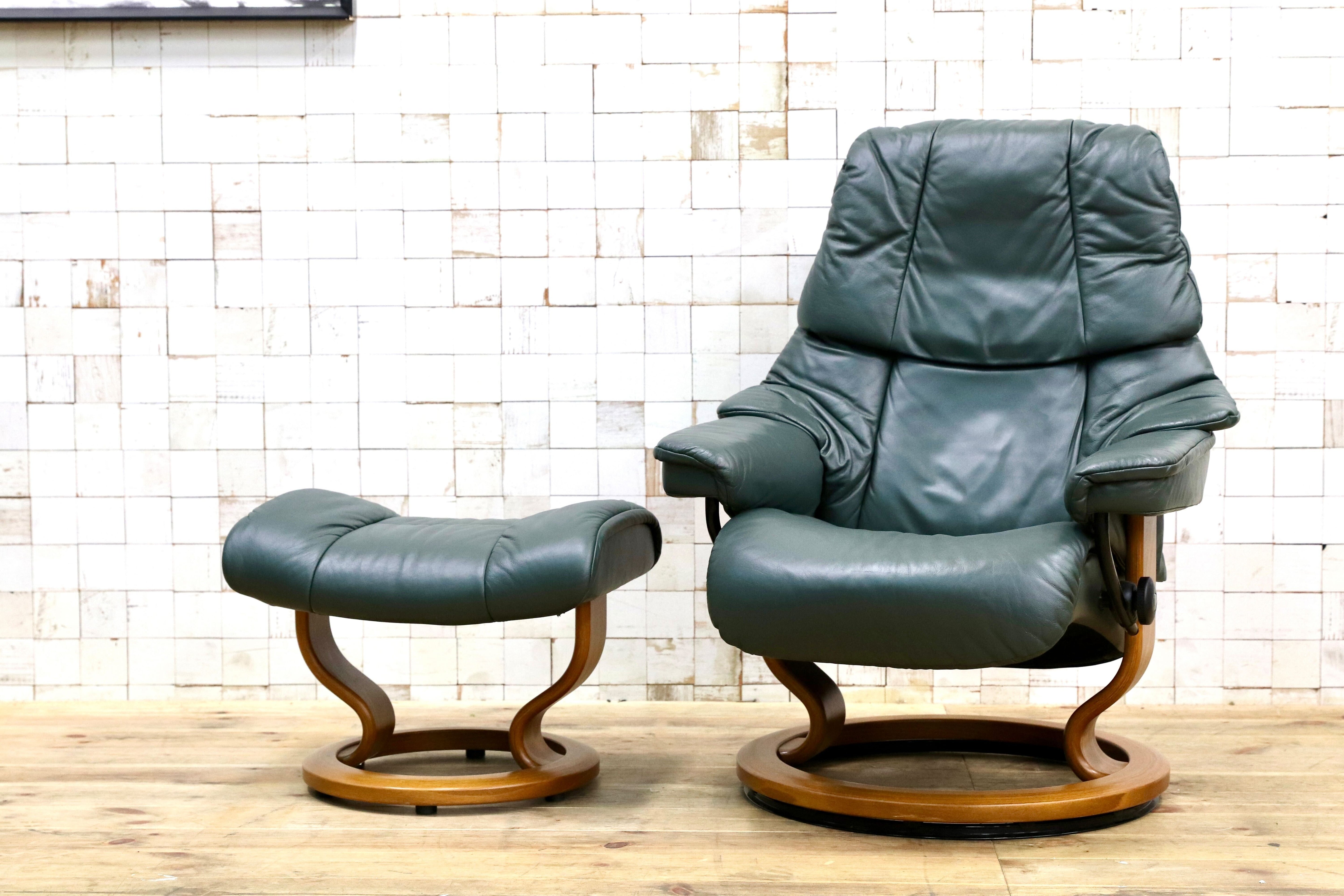GMIH358○EKORNES / エコーネス ストレスレスレノ Reno リクライニングチェア シングルソファ 1人掛けソファ 緑 本革 北欧 ノルウェー