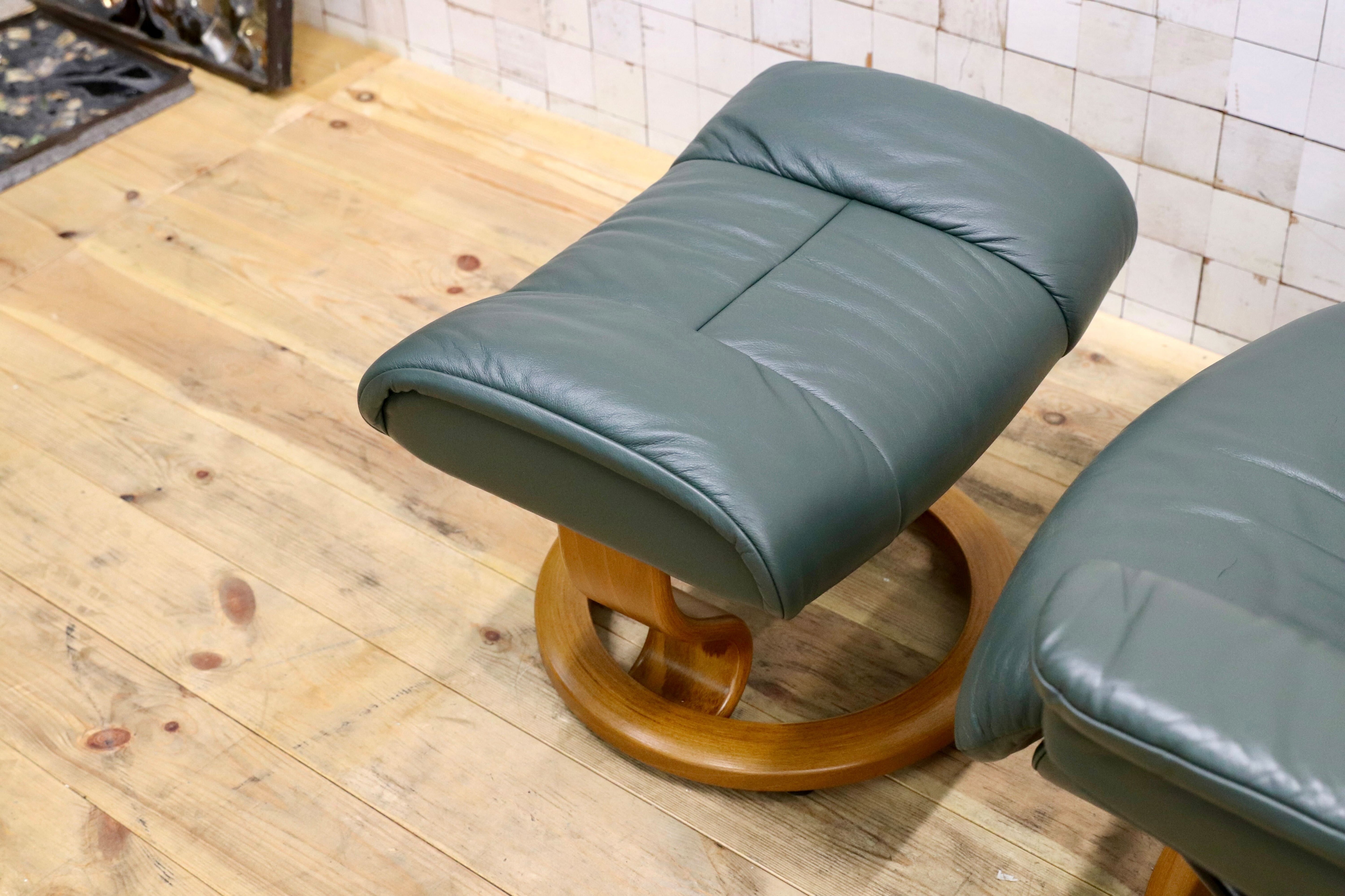 GMIH358○EKORNES / エコーネス ストレスレスレノ Reno リクライニングチェア シングルソファ 1人掛けソファ 緑 本革 北欧 ノルウェー