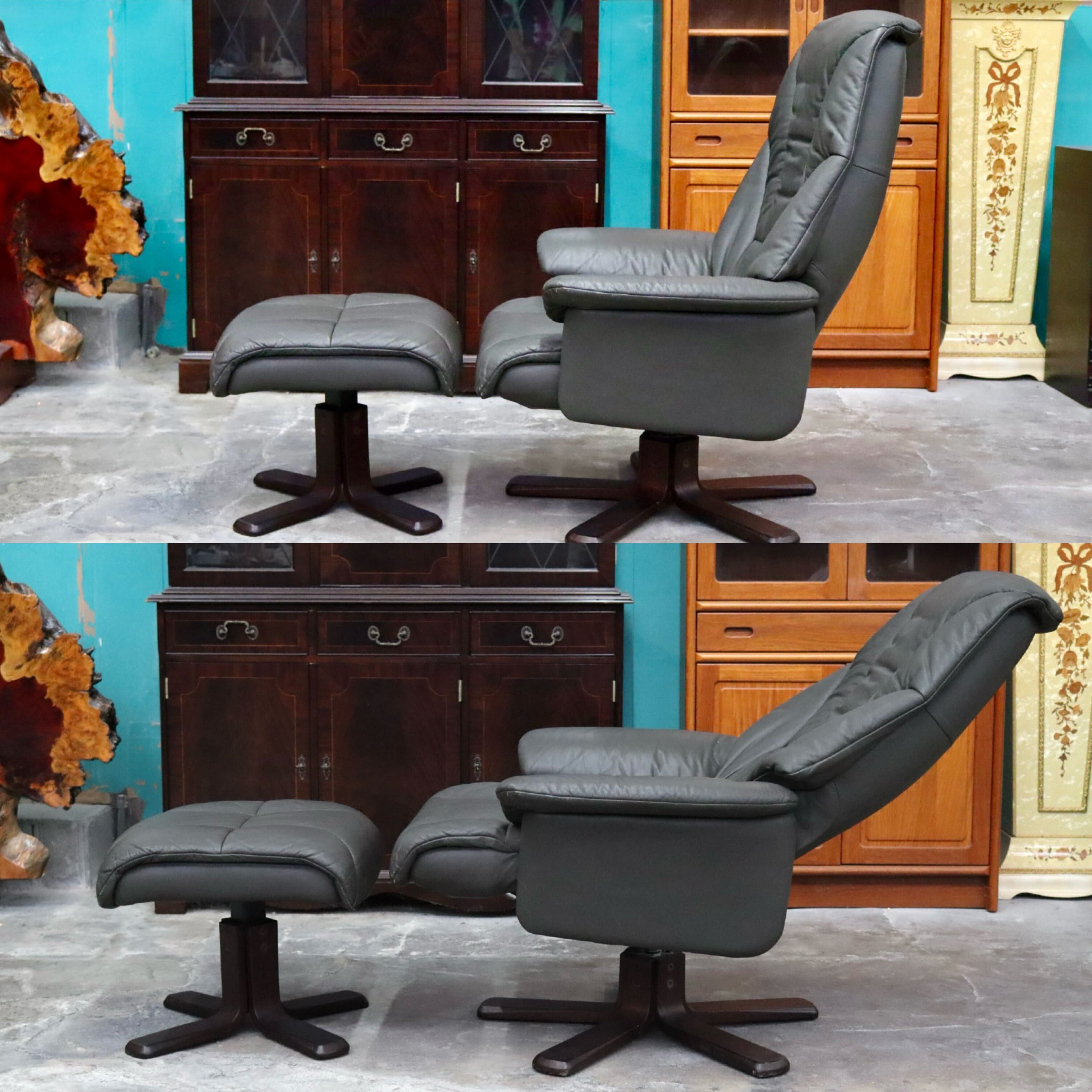 GMIK493○リクライニングチェア シングルソファ パーソナルチェア 回転椅子 オットマン 本革 グレー 検)エコーネス 冨士ファニチア