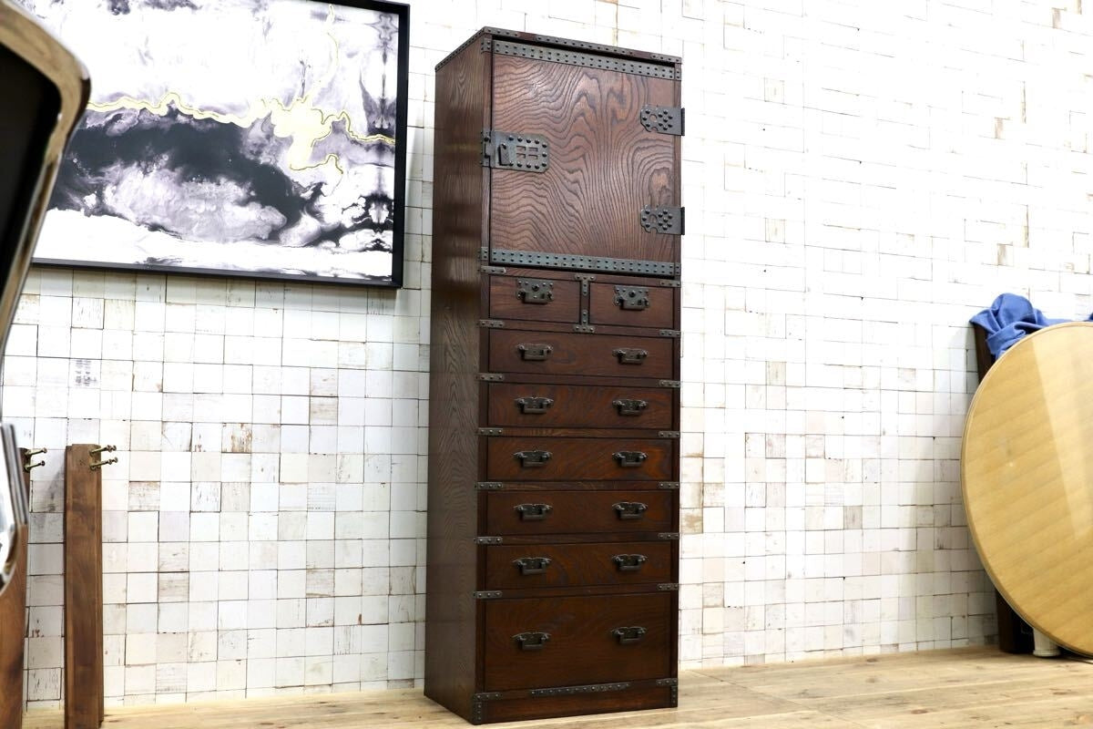 GMJH163○民芸家具 和箪笥 整理箪笥 欅材 桐材 和モダン チェスト 収納家具 南部鉄器 トールチェスト アンティーク 和家具 レトロ