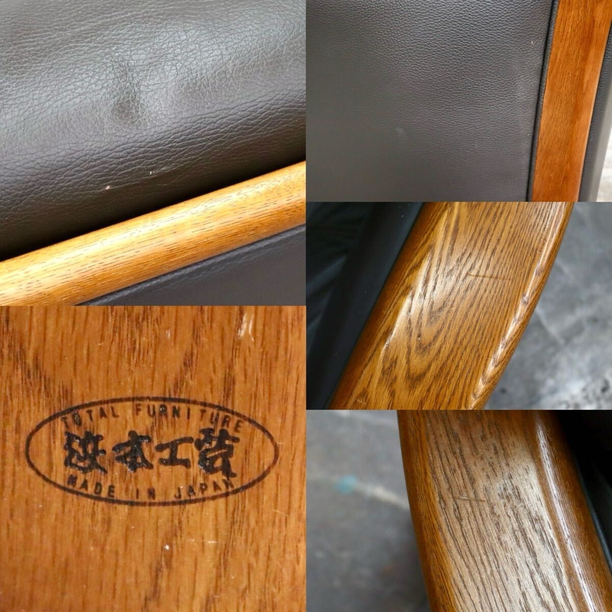GMJK182○浜本工芸 / HAMAMOTO 3人掛けソファ トリプルソファ 長椅子 本革 グレー 楢材 国産家具 定価約29万