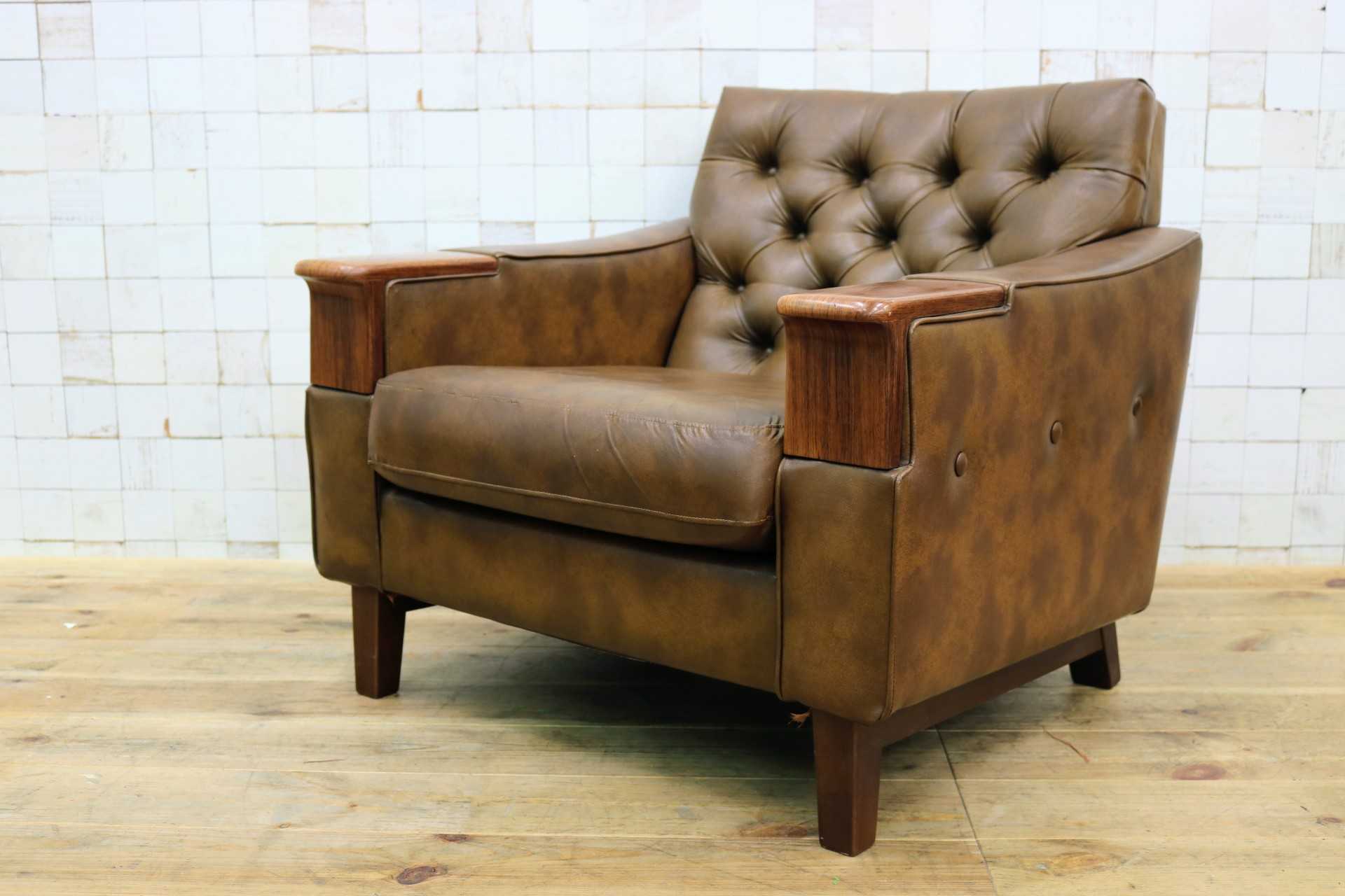 GMJH205A◯冨士ファニチア / FUJI FURNITUR シングルソファ ラウンジチェア パーソナルチェア レザー 応接室 昭和レトロ ヴィンテージ